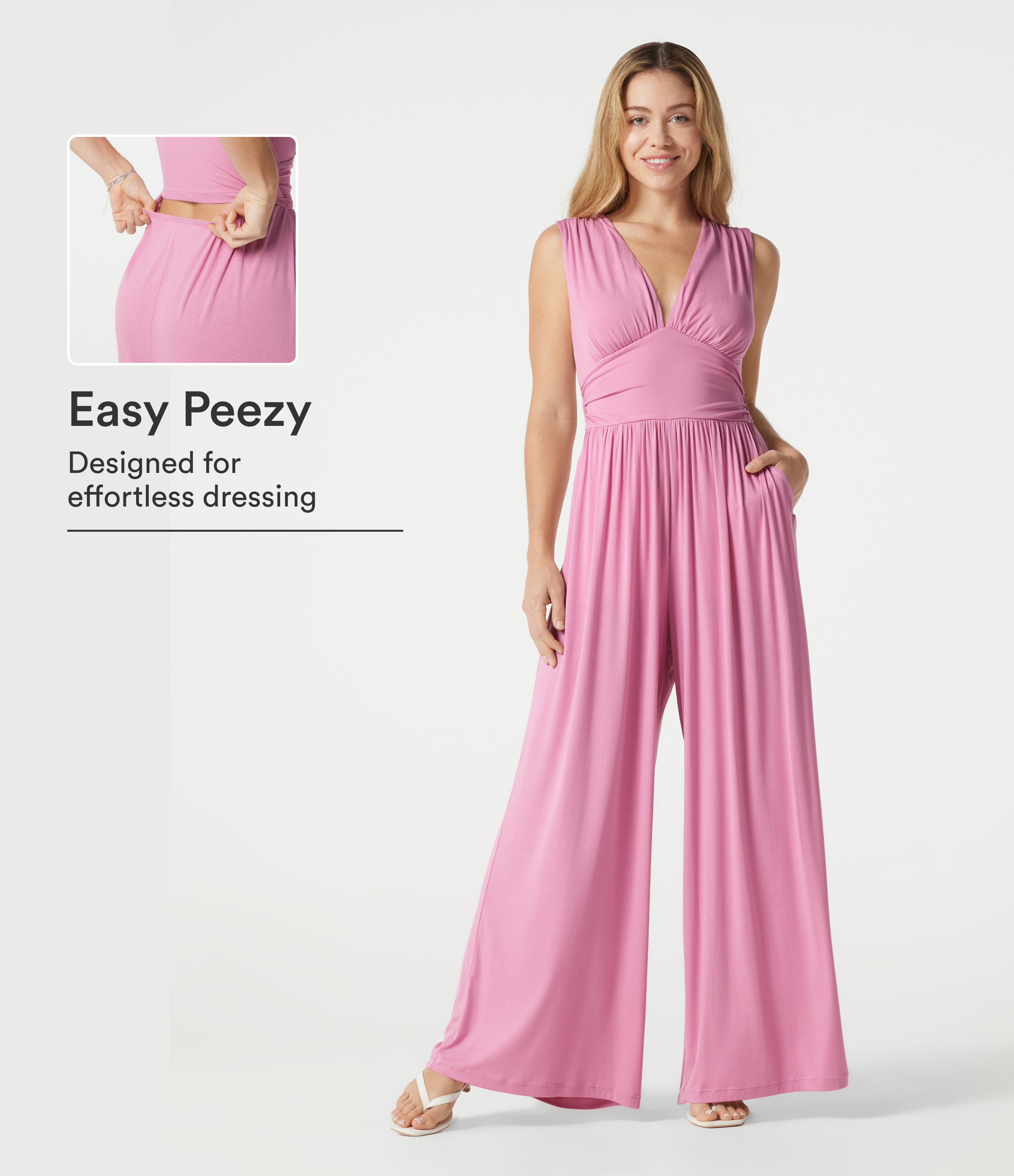 Ribbed V Neck Sleeveless Ruched Built-in Bra Casual Jumpsuit with Pockets-Easy Peezy Edition