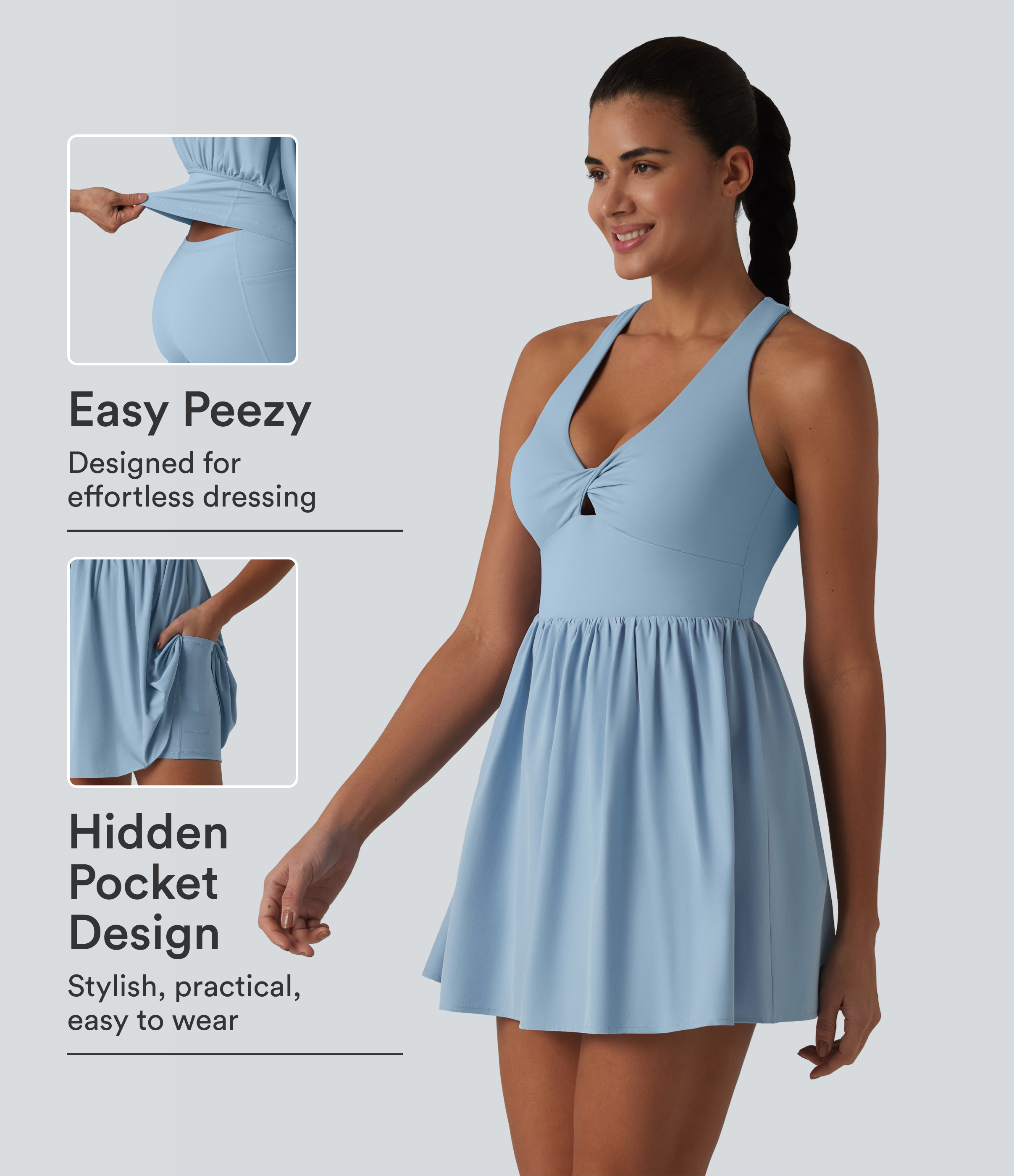 Breezeful™ V Neck Built-in Bra Racerback 2-in-1 Quick Dry Mini Tennis Active Dress with Pockets-Easy Peezy Edition