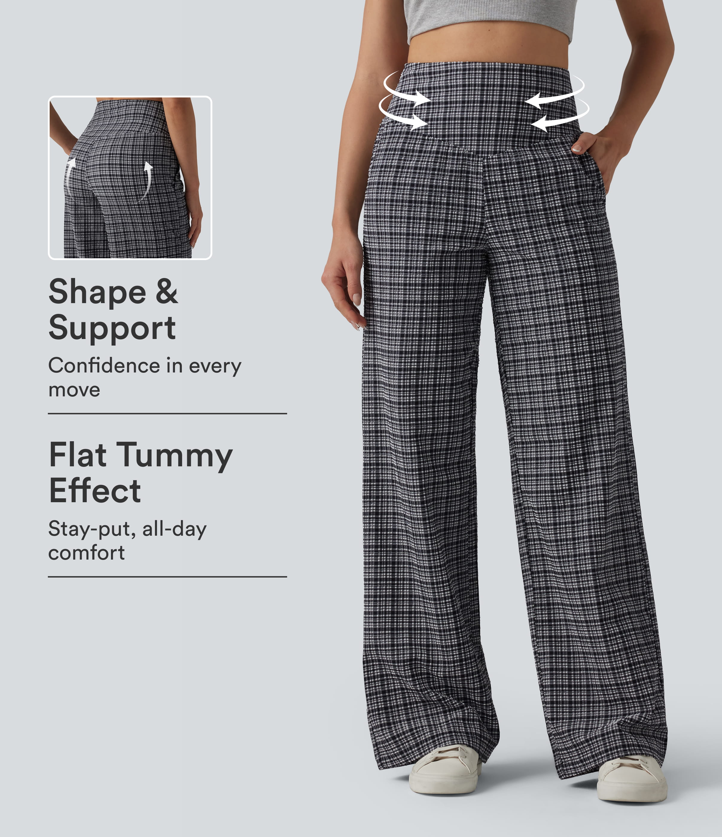 High Waisted Tummy Control Plaid Crinkle Quick Dry Casual Wide Leg Pants with Pockets