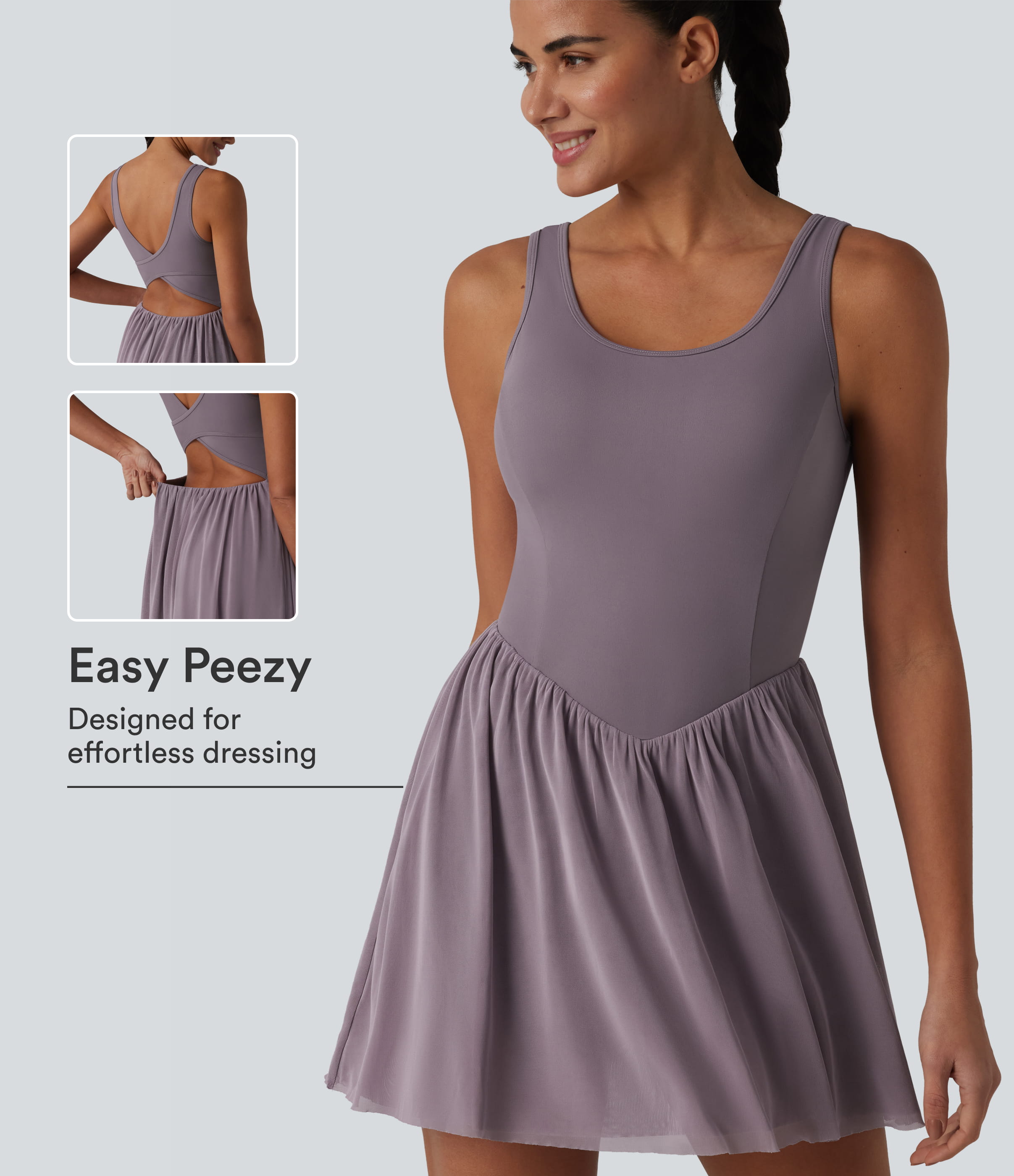 SoftlyZero™ robe de tennis active mini fluide à dos nu avec bretelles croisées, empiècement en mesh contrastant, soutien‑gorge intégré 2-en-1, avec poches — Easy Peezy