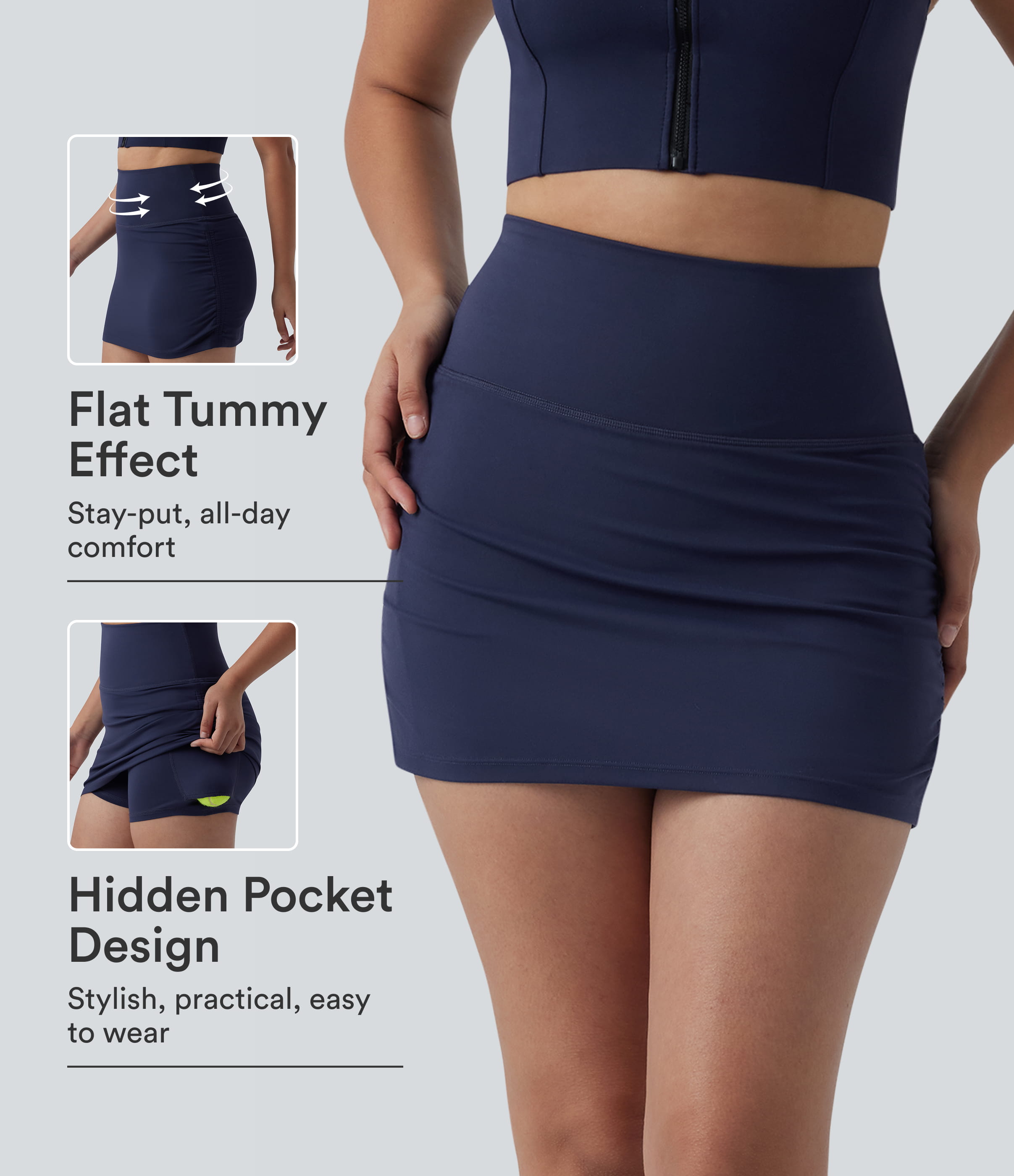 SoftlyZero™ High Waisted Tummy Control 2-in-1 Ruched Bodycon Mini Tennis Skirt with Pockets
