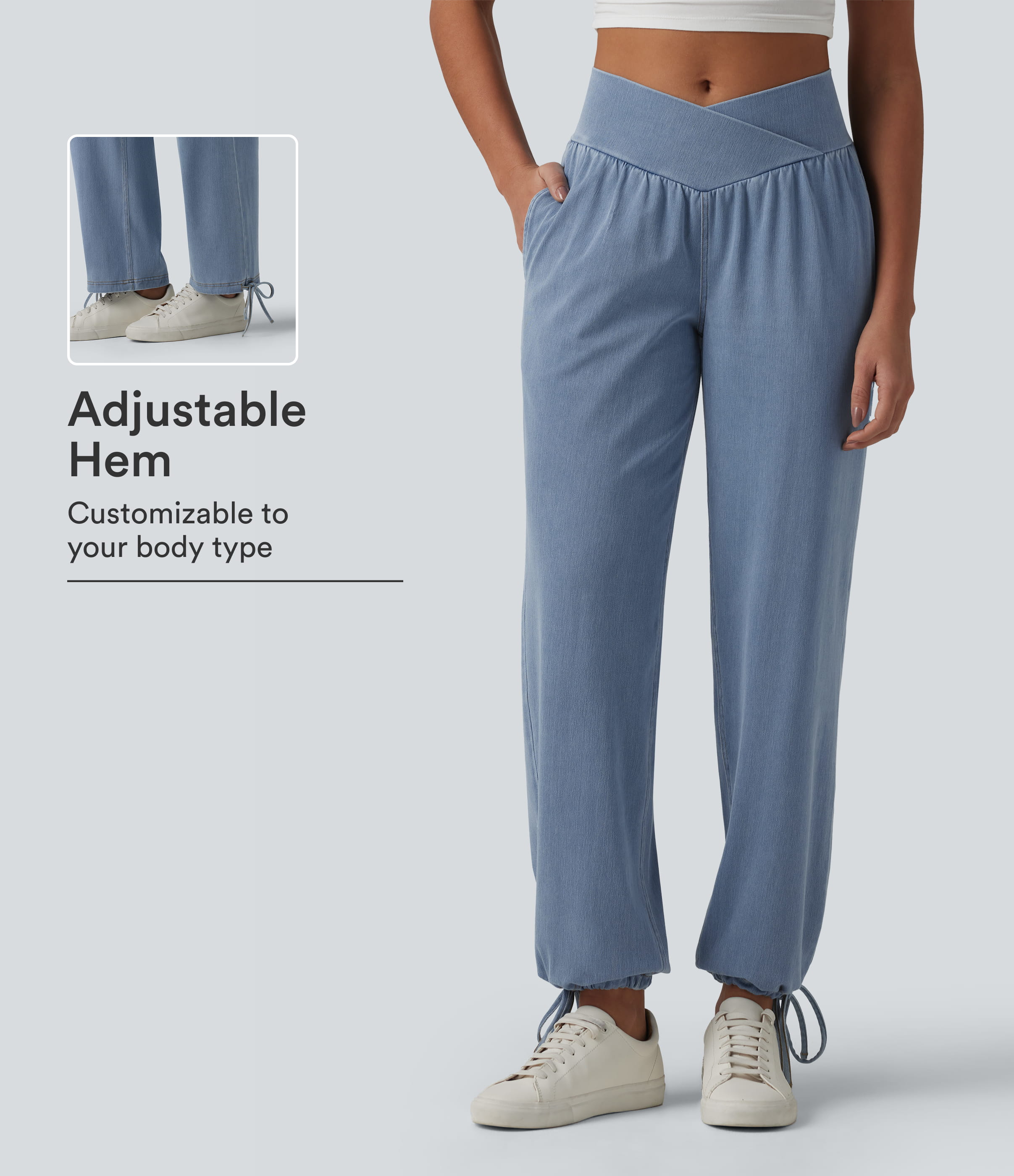 Halara Flex™ Mid Rise Crossover Drawstring Denim Casual Joggers with Pockets
