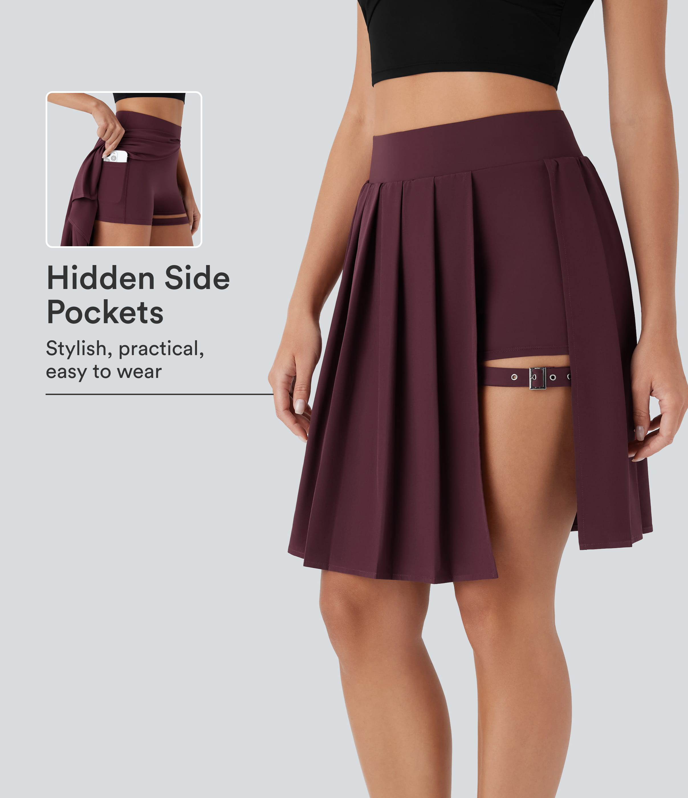 Breezeful™ High Waisted Pleated 2-in-1 Adjustable Buckle Quick Dry Casual Skirt with Pocket-Longer Length