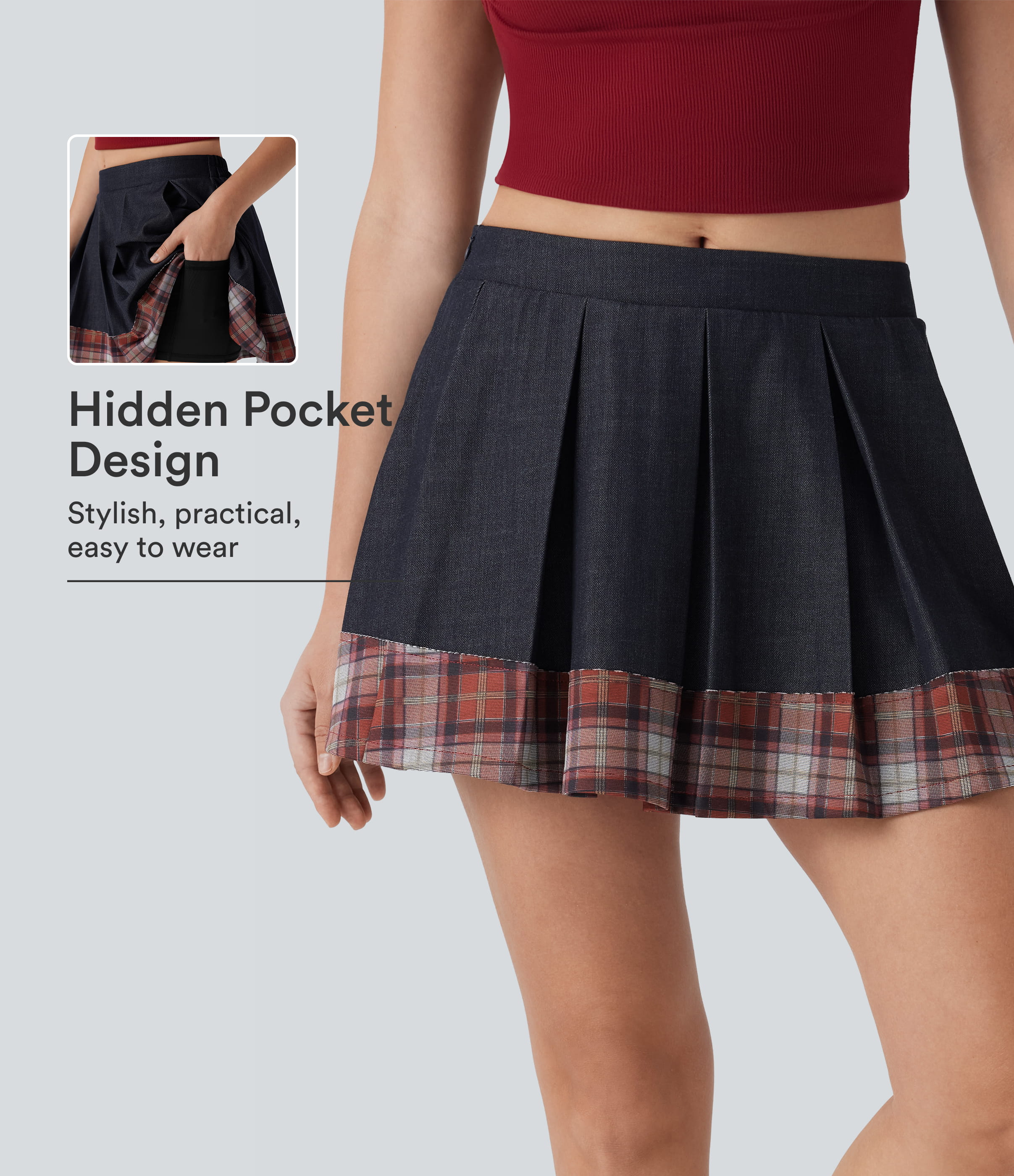 Mid Rise Pleated A-Line 2-in-1 Denim Like Plaid Mini Casual Skirt with Pocket