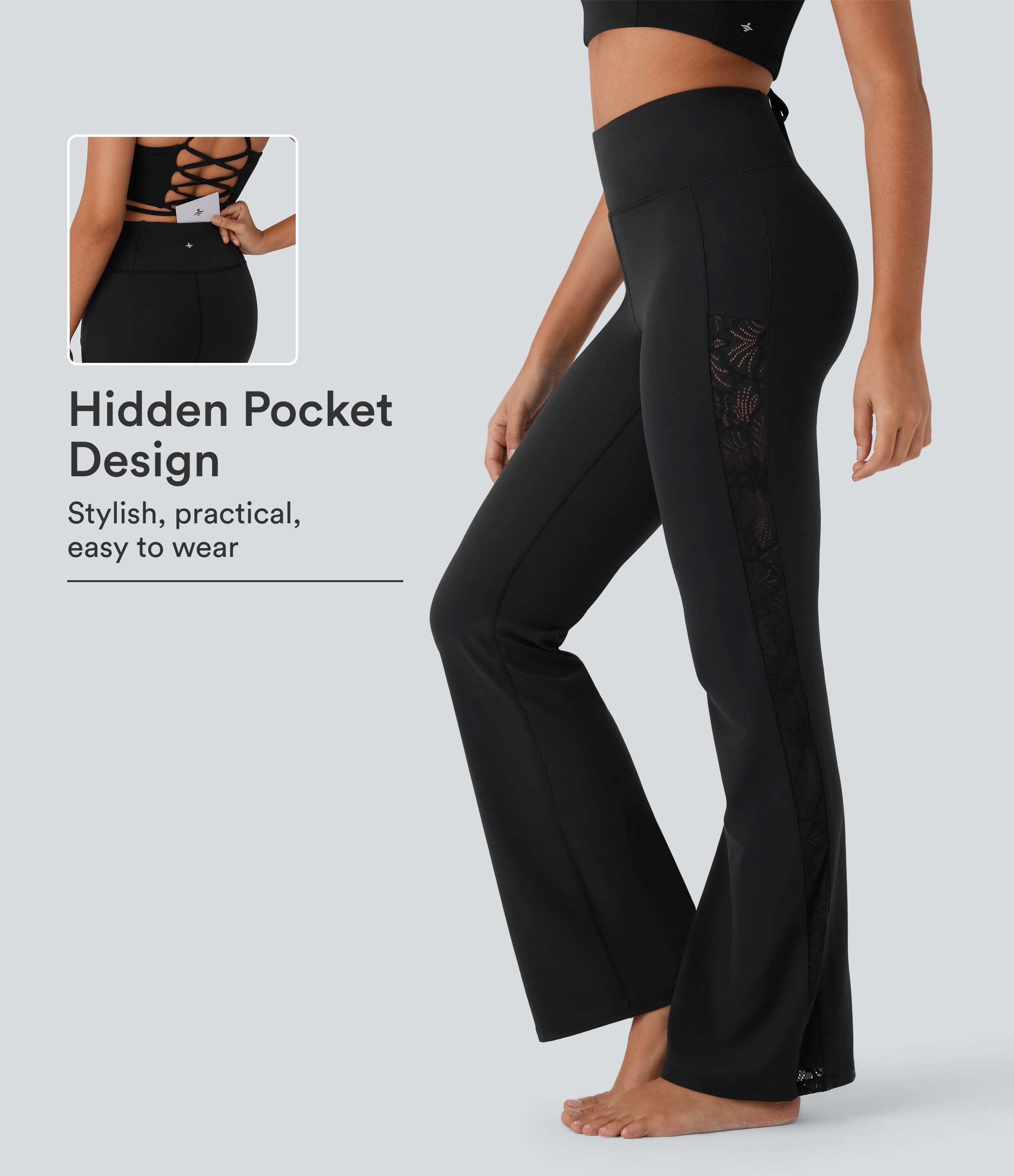 SoftlyZero™ High Waisted Contrast Lace Yoga Bootcut Leggings with Pocket