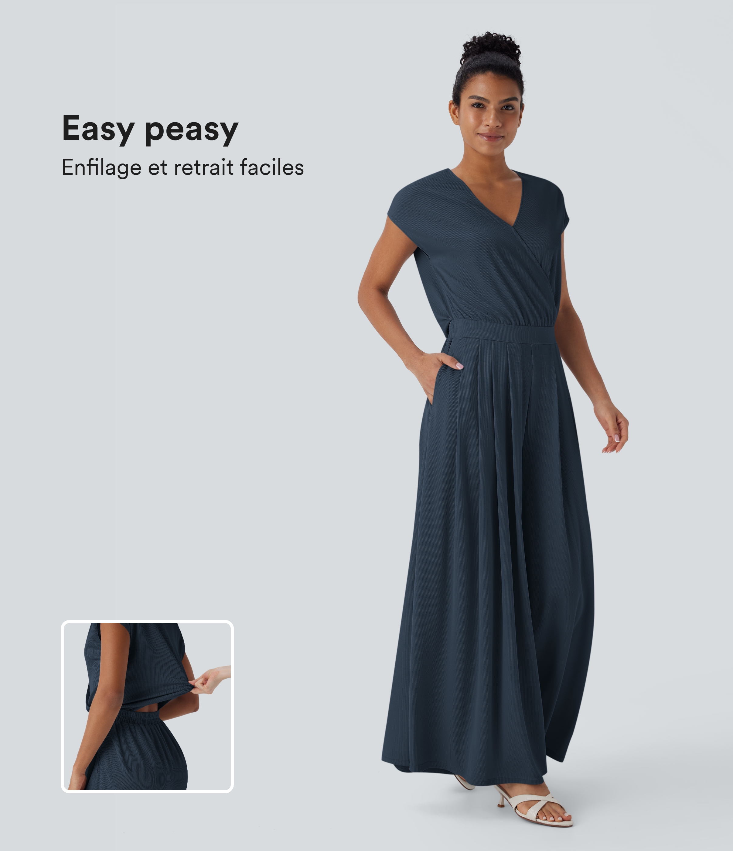 Combinaison fluide en tissu gaufré, col V, manches courtes, jambes larges et poches latérales - Easy Peasy Edition