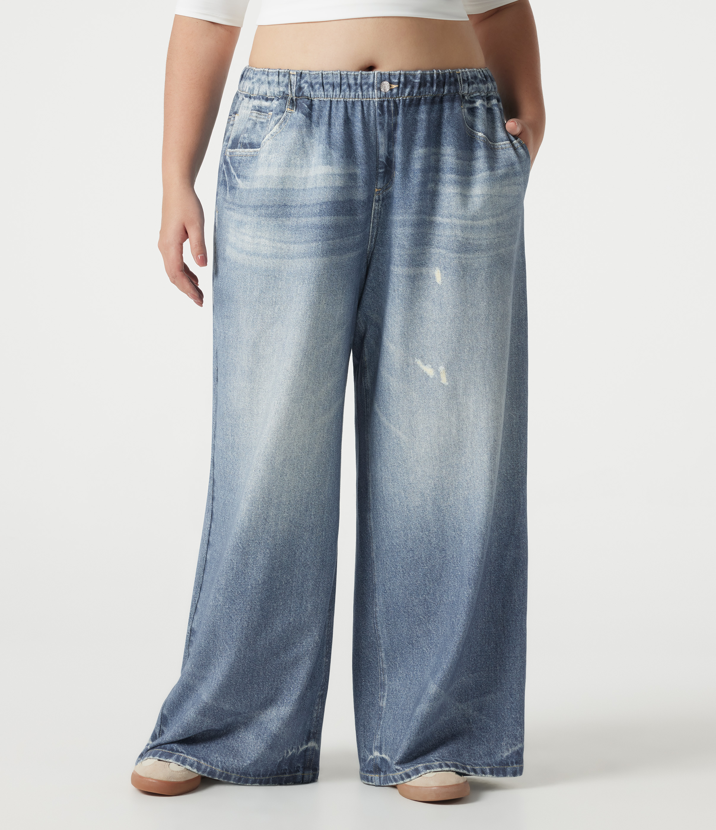 Plus Size Mid Rise Denim Print French Terry Casual Sweatpants Jeans with Pockets