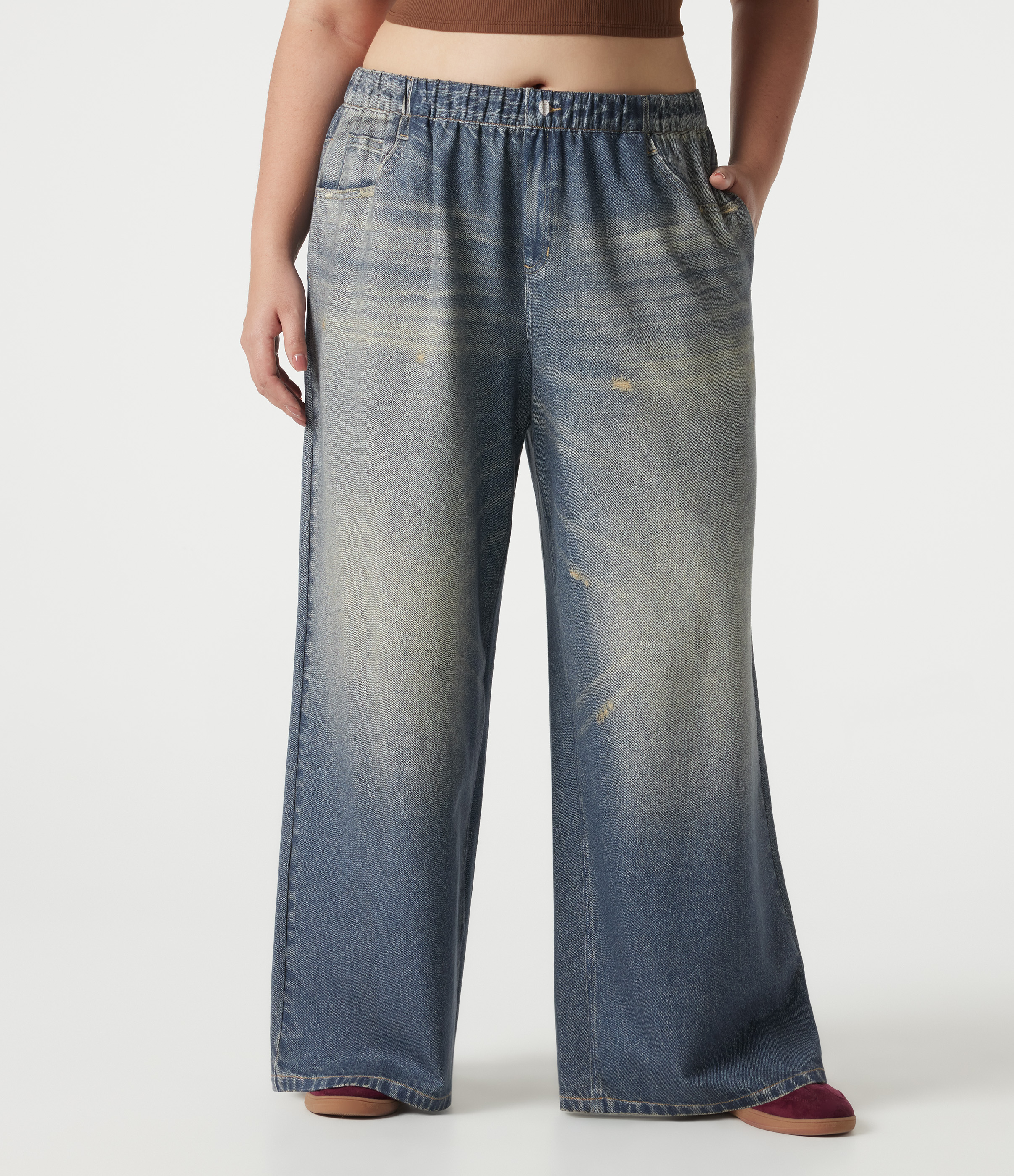 Plus Size Mid Rise Denim Print French Terry Casual Sweatpants Jeans with Pockets