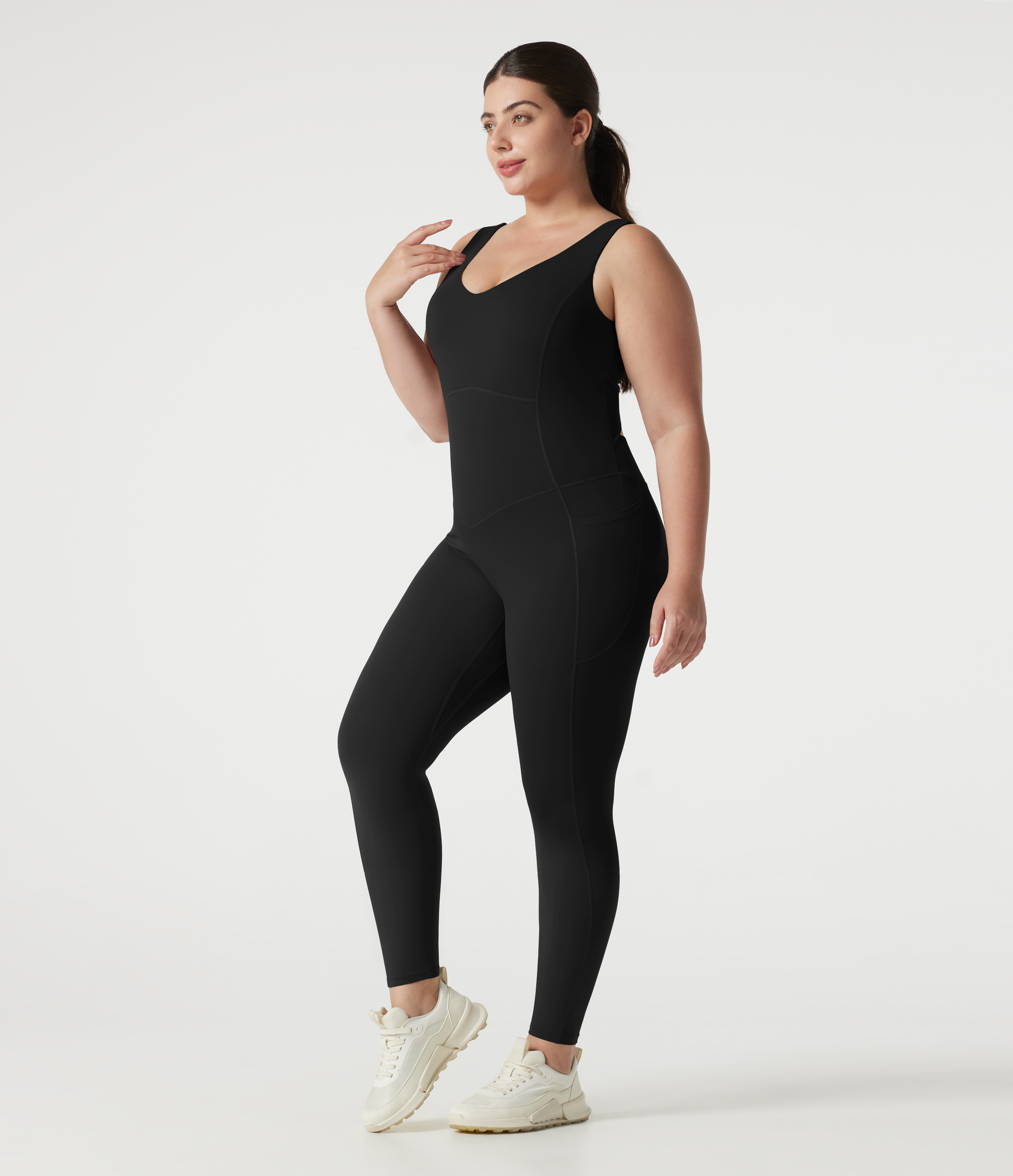 Noir Combinaison de sport grande taille Halara UltraSculpt™ col V croisé dos nu ventre plat push-up brassière intégrée avec poches / 2