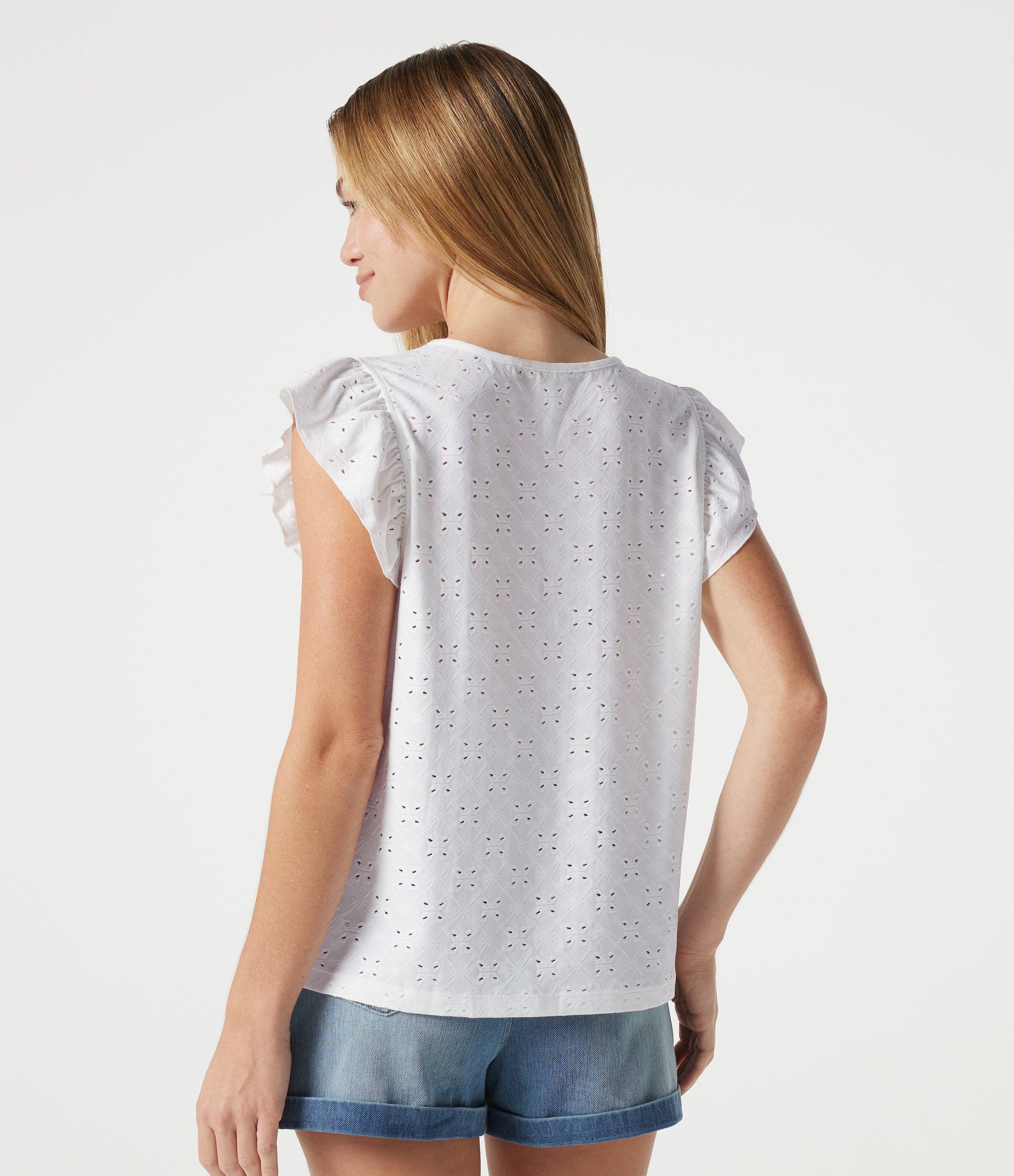 White Round Neck Flounce Sleeve Embroidery Eyelet Casual Top / 2