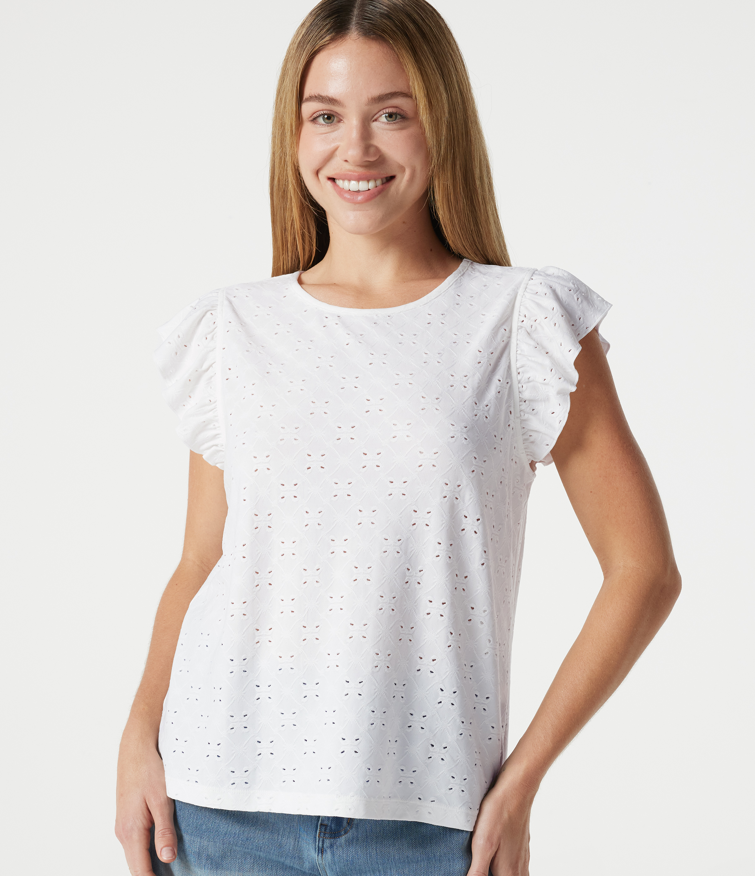 Round Neck Flounce Sleeve Embroidery Eyelet Casual Top
