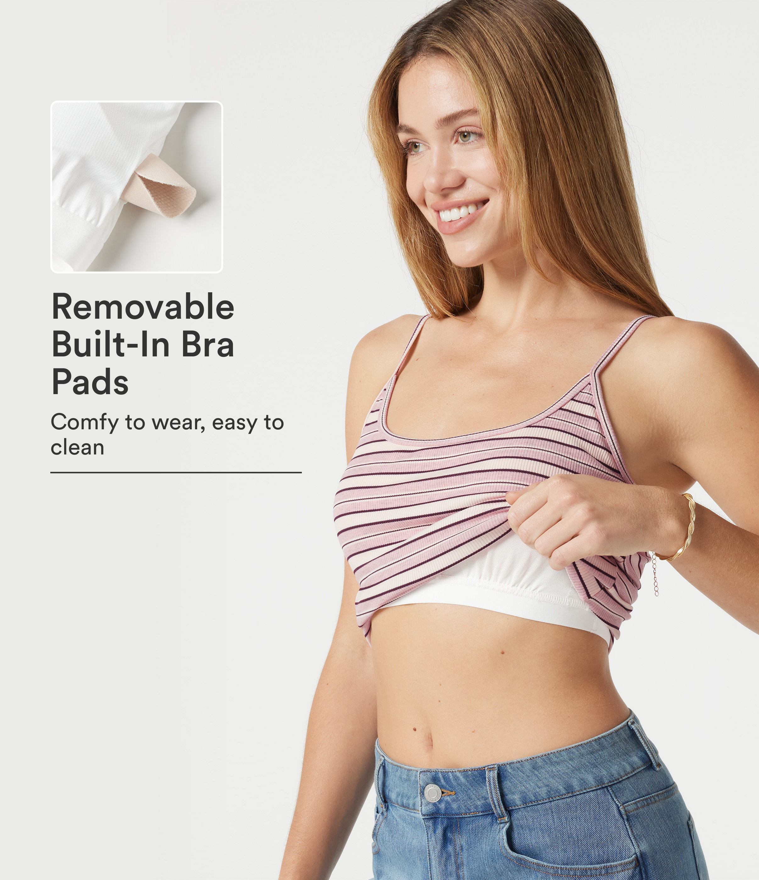 Ribbed Knit Stripes U-Neck Adjustable Straps Built-in Bra Casual Cami Top