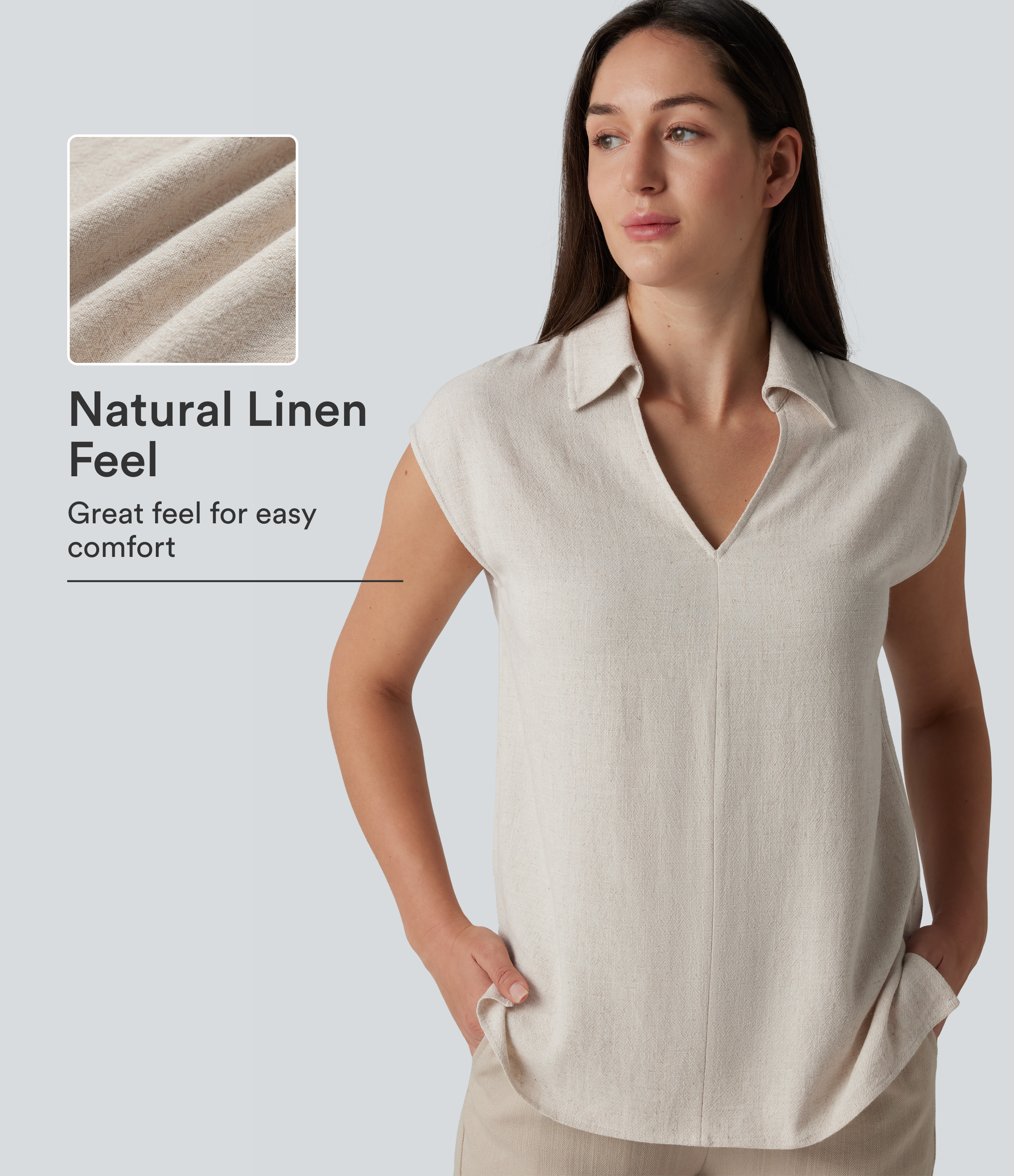 V-neck Sleeveless Split Hem Work Linen-Blend Blouse