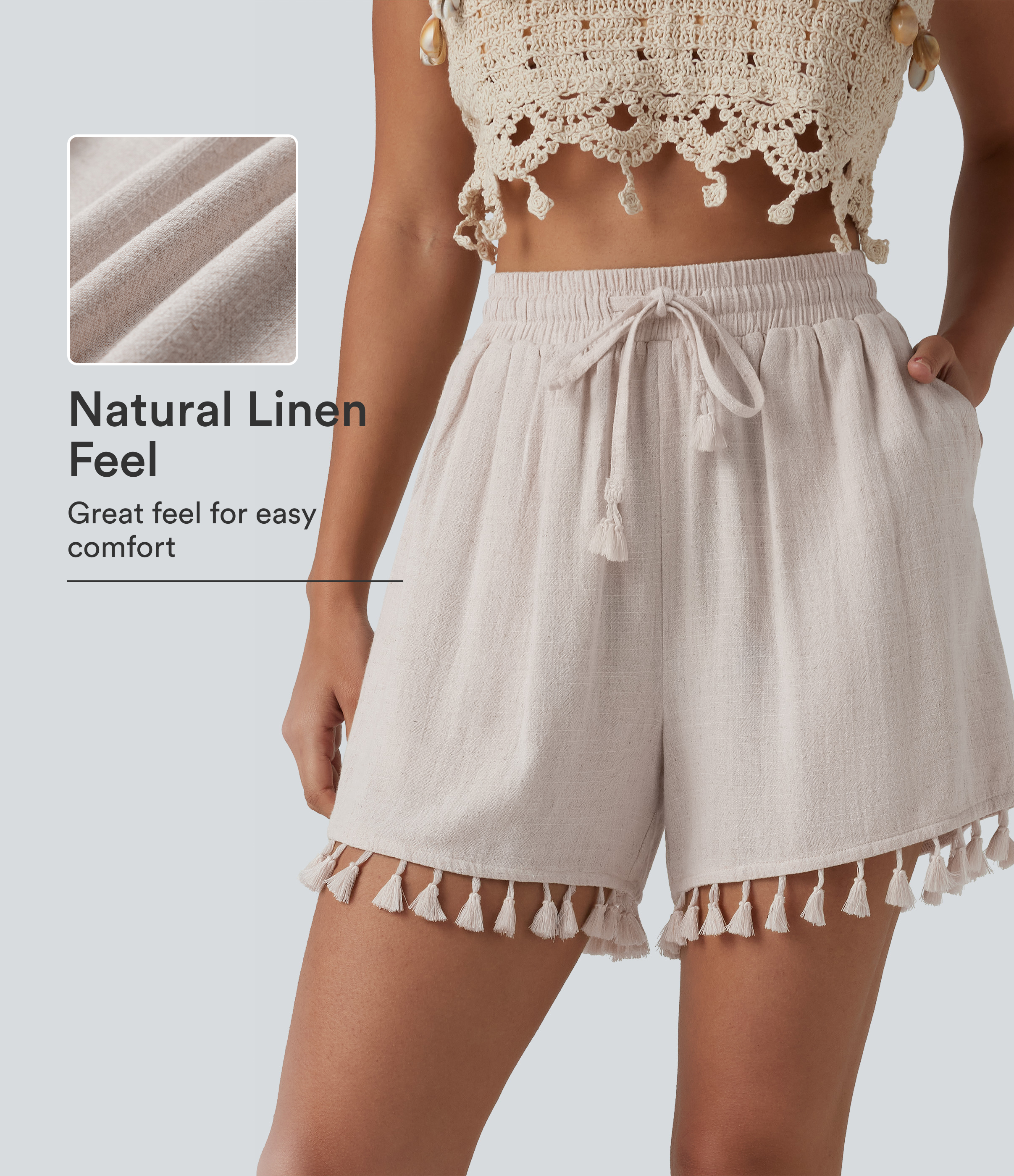 High Waisted Drawstring Fringe hem Resort Linen-Blend Baggy Shorts with Pockets