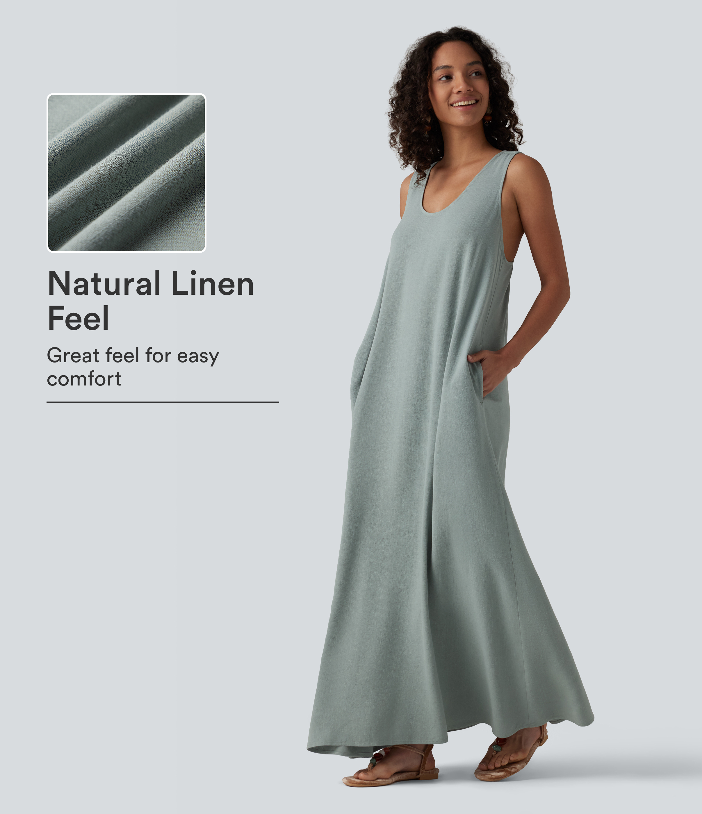 U-Neck Sleeveless Twisted-back Maxi Resort Linen-Blend Flowy Dress with Pockets