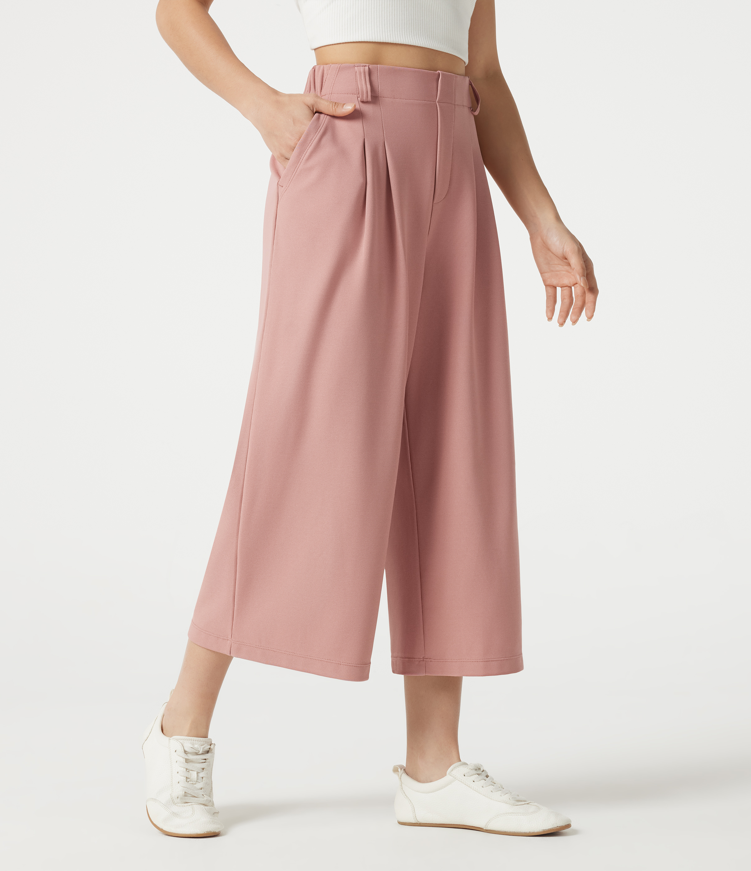 Halara Flex™ Cropped-Arbeitshose mit hohem Bund, weitem Bein, Waffelstruktur und Taschen