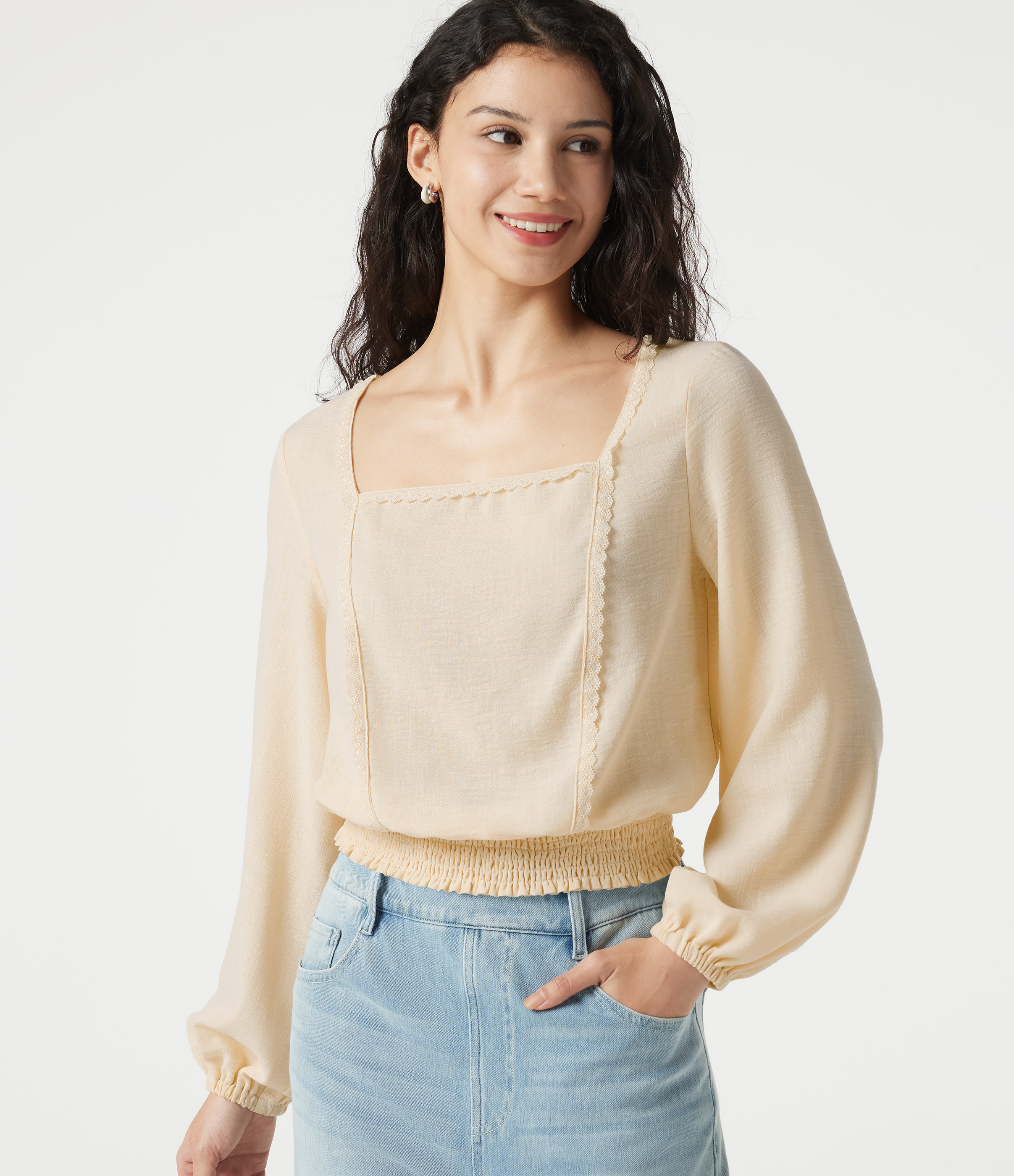 Square Neck Tie-back Bishop Sleeve Lace Panel Shirred Casual Linen-Feel Blouse