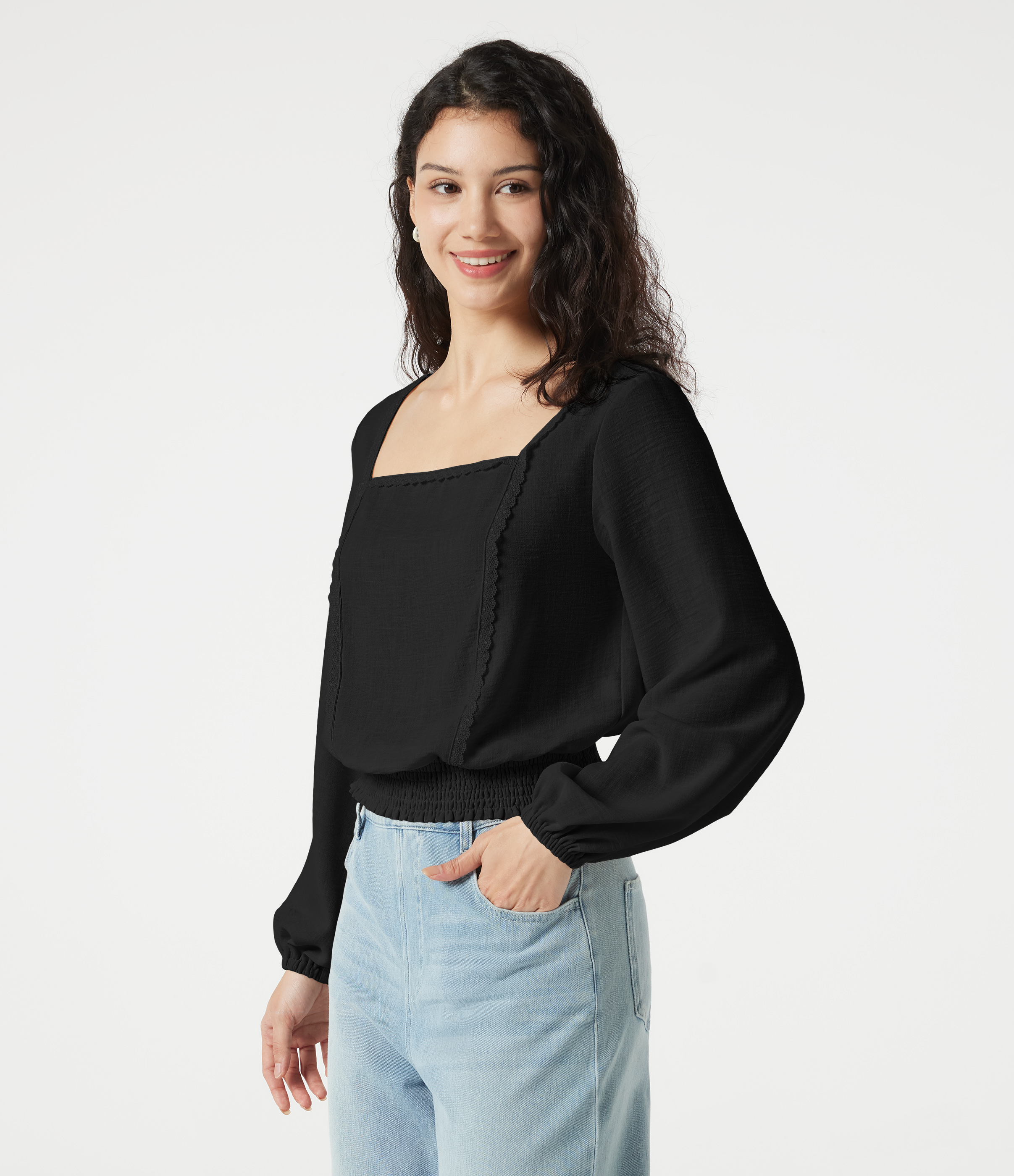 Women's Square Neck Tie-back Bishop Sleeve Lace Panel Shirred
