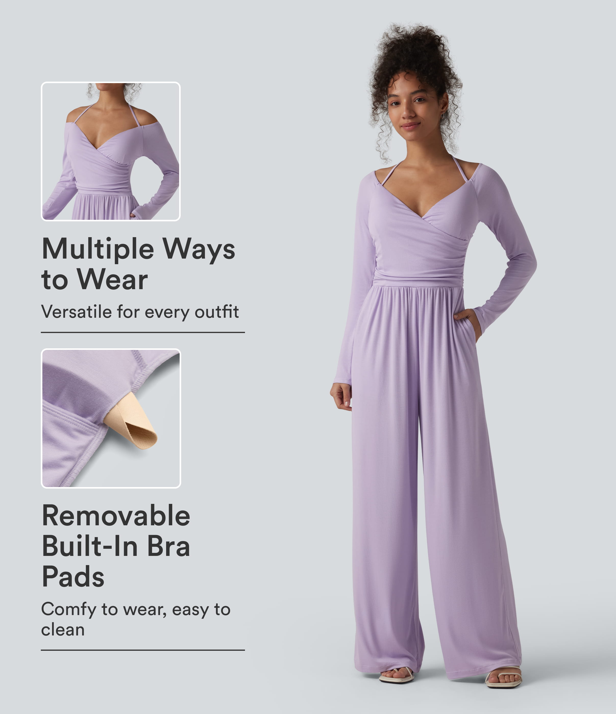 Gerippter Neckholder-Jumpsuit mit Rückenschnürung, schulterfrei, integriertem BH, langen Ärmeln, lässig, mit Taschen