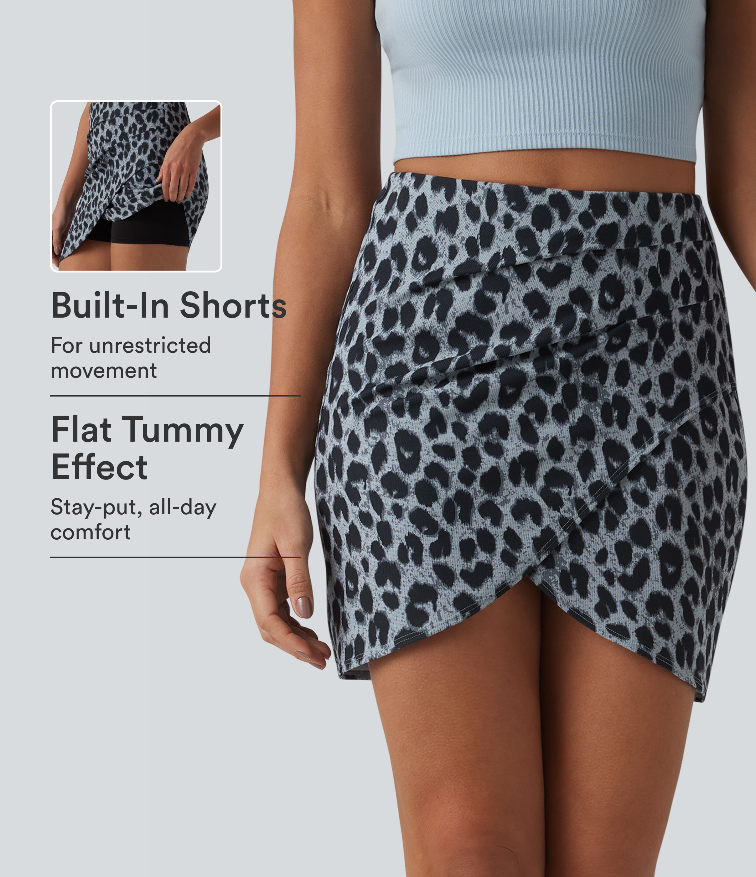 High Waisted Tummy Control Ruched 2-in-1 Mini Leopard Print Waffle Casual Tulip Skirt