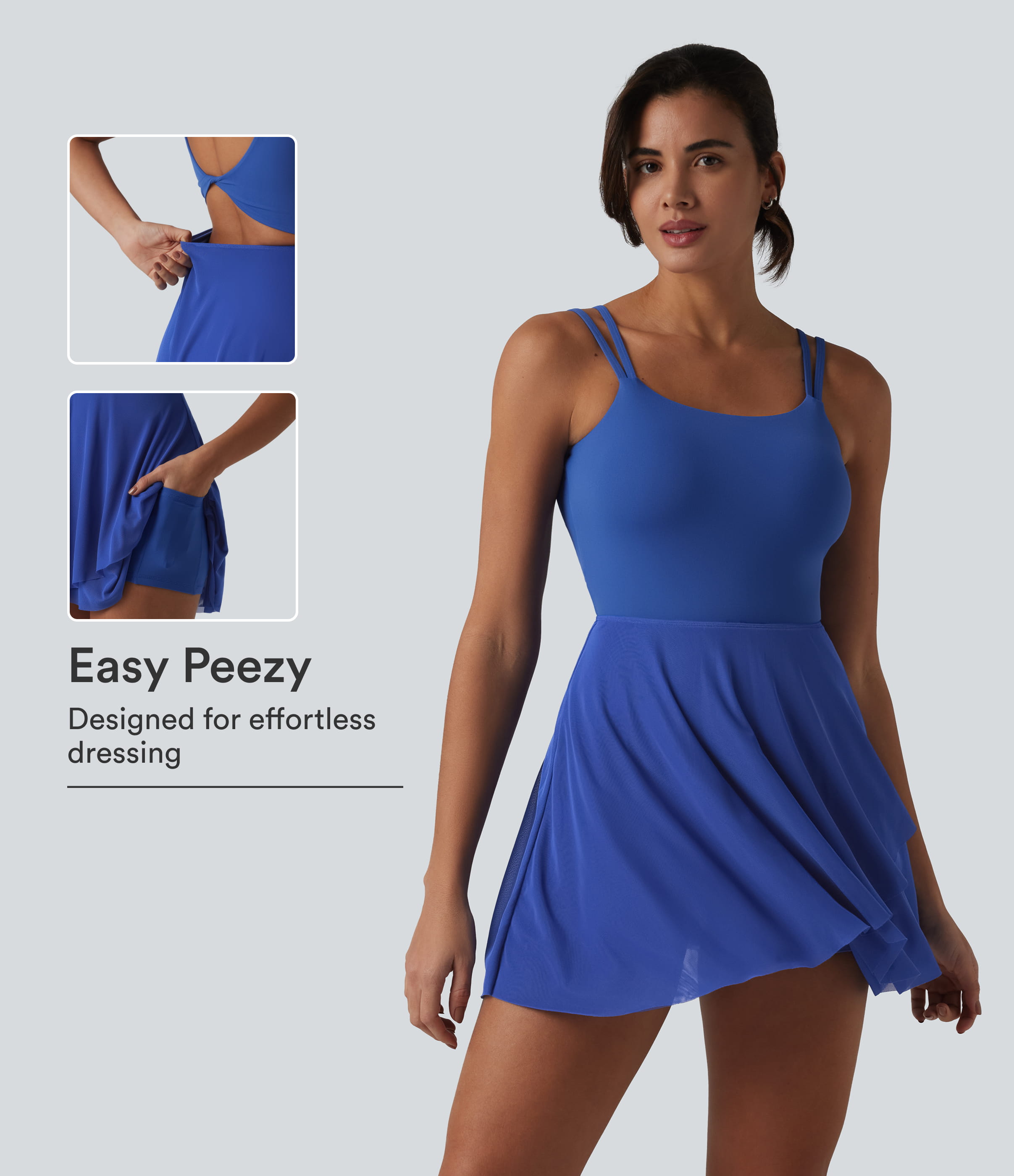 SoftlyZero™ Built-in Bra Contrast Mesh 2-in-1 Mini Tennis Active Slip Dress with Pockets-Easy Peezy Edition-UPF50+