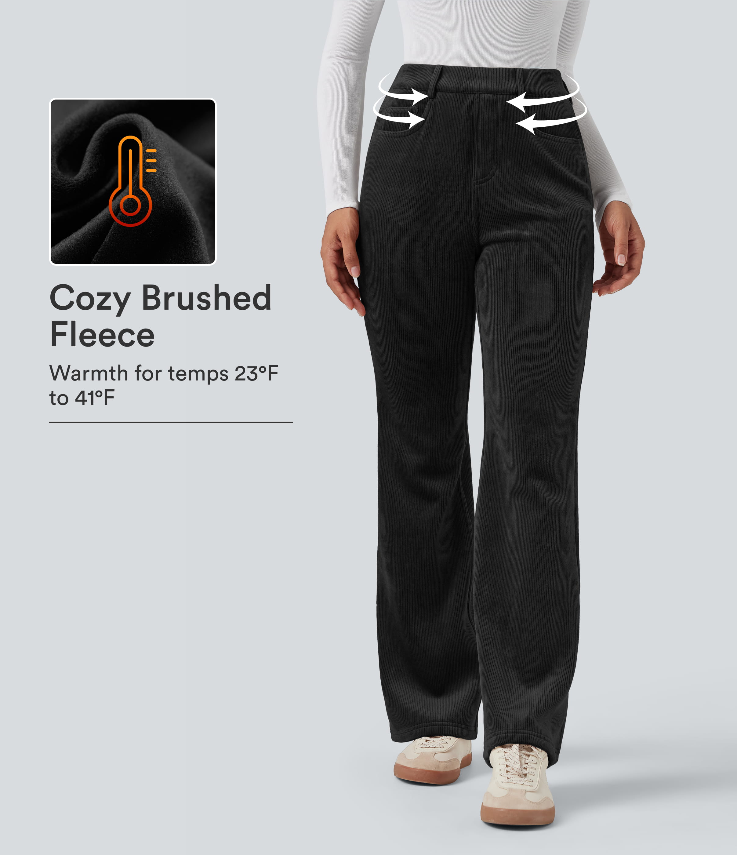 High Waisted Tummy Control Fleece Corduroy Casual Flare Pants with Pockets