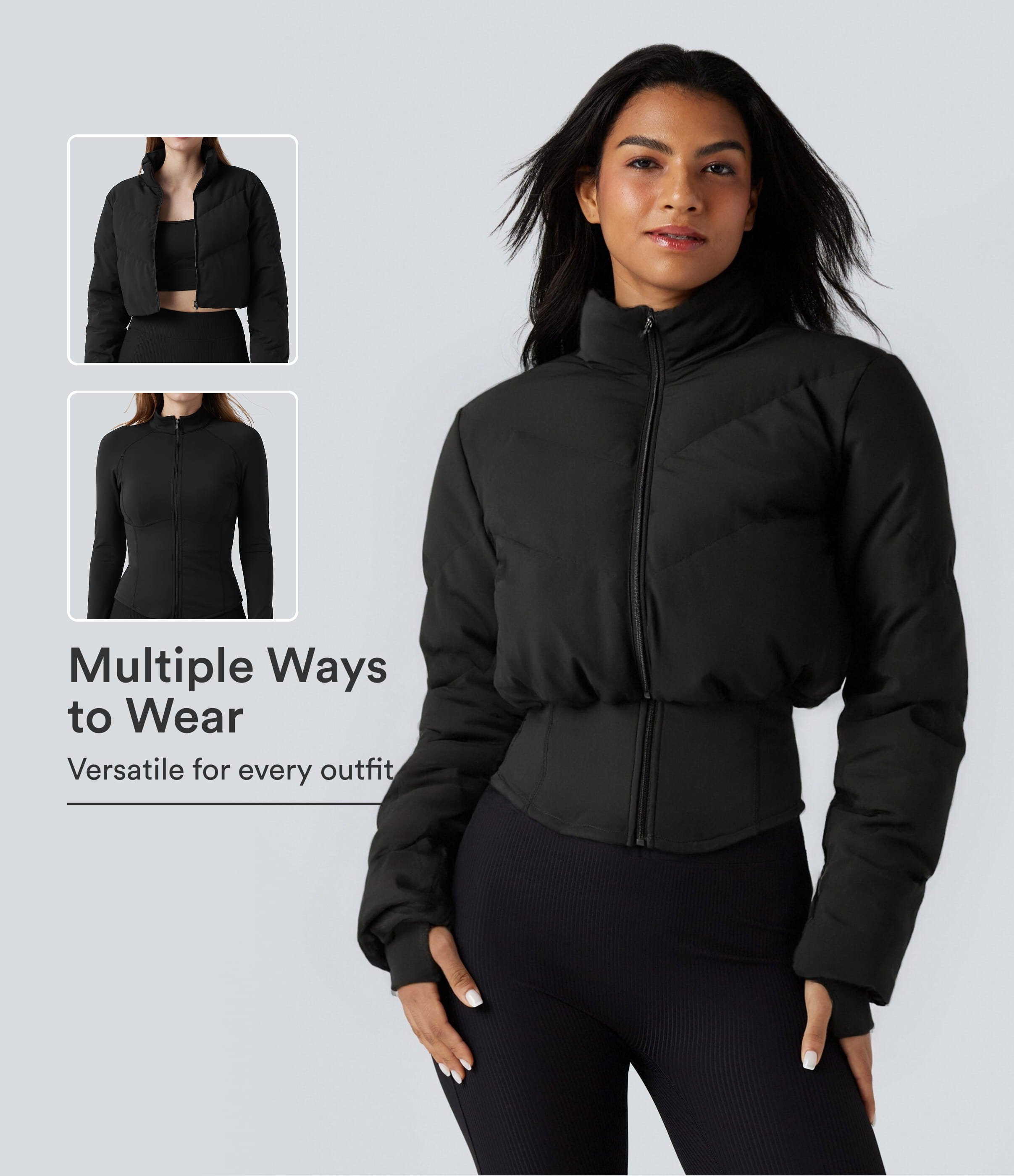 PuffFlex 3-in-1 Stand Collar Casual Cropped Puffer Coat & Thumb Holes Curved Hem Jacket with Pocket