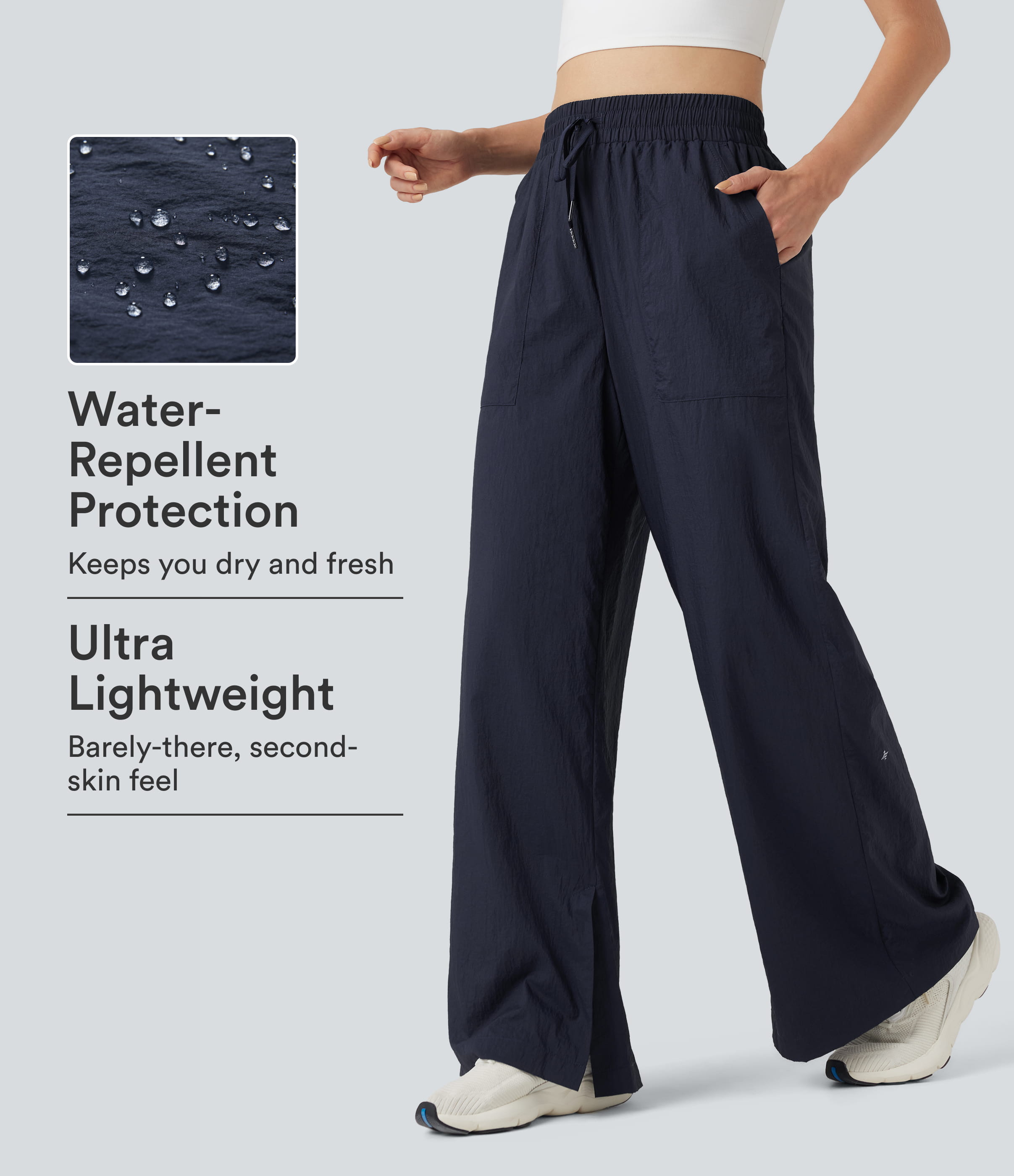 Leichte, strapazierfähige, wasserabweisende Yoga-Hose mit hoher Taille, Kordelzug, Beinschlitz und Taschen