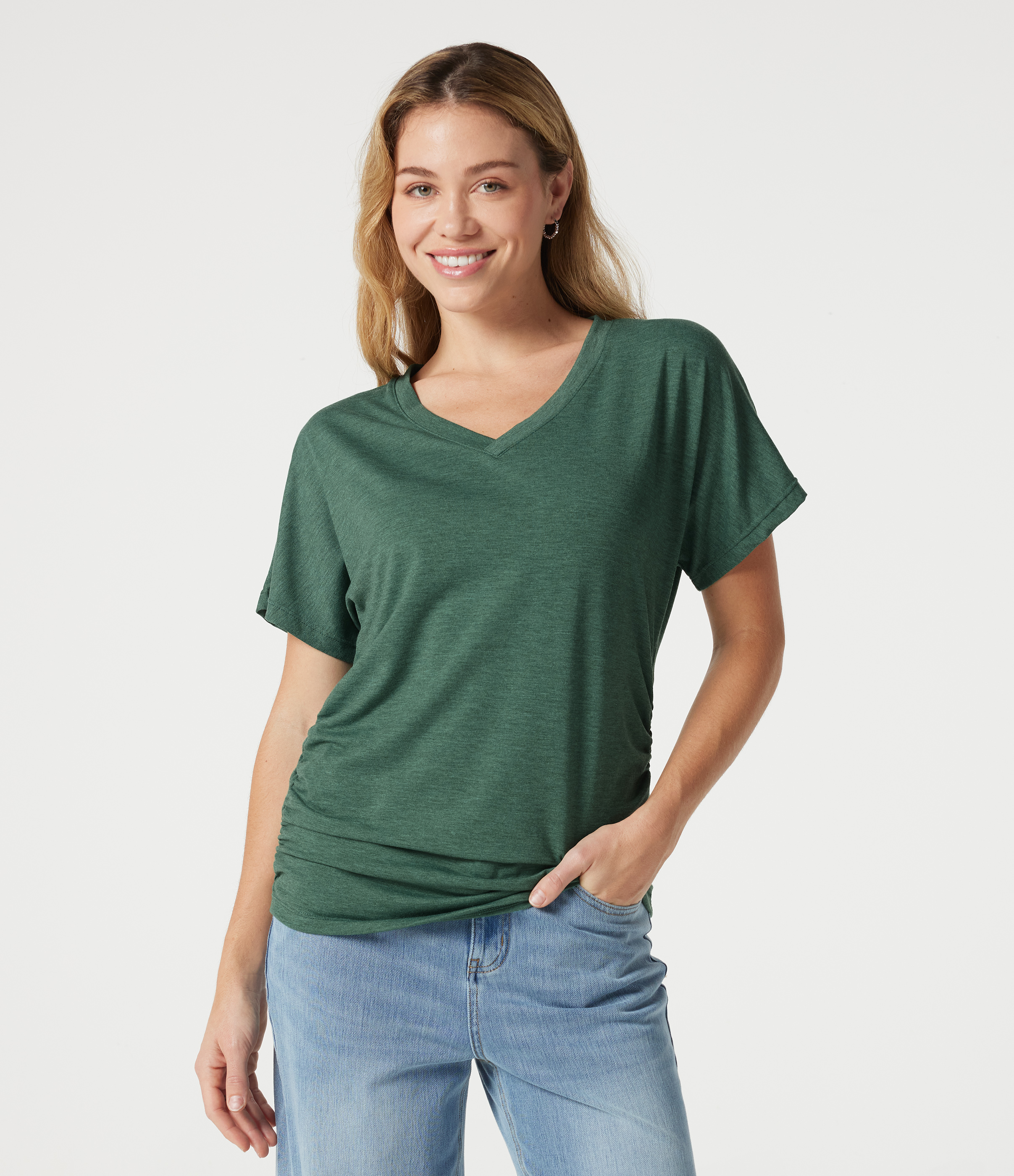 V-neck Short Sleeve Ruched Relaxed Casual Top