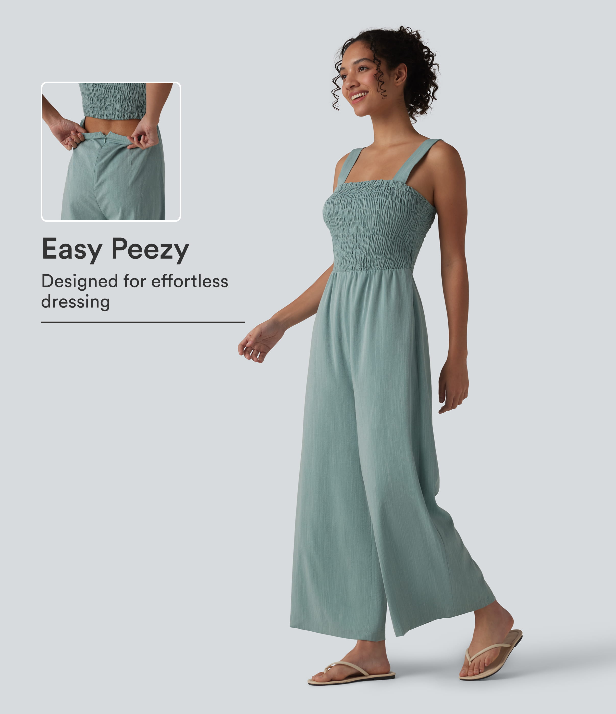 Square Neck Shirred Linen-Feel Jumpsuit-Easy Peezy Edition