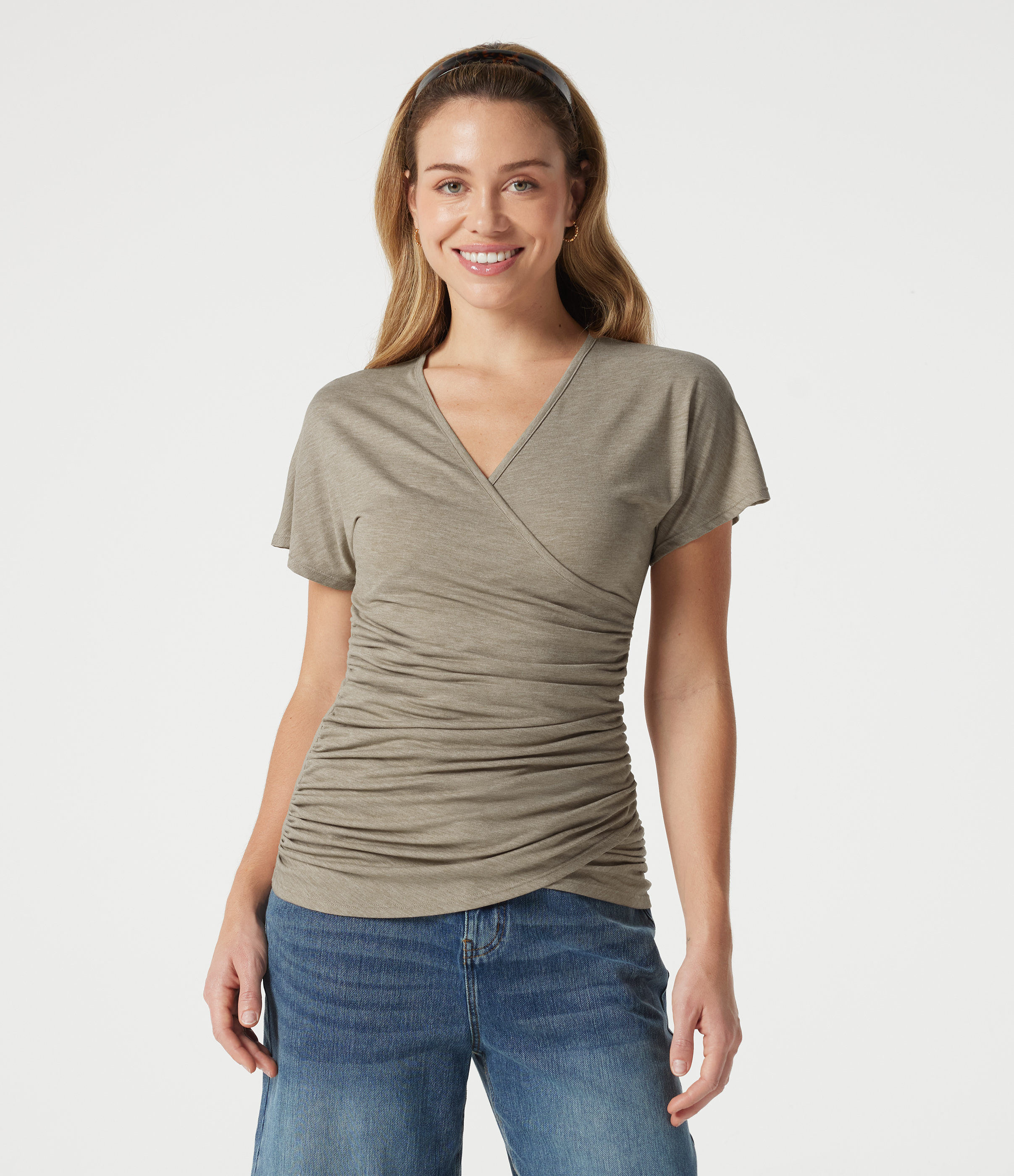 V Neck Short Sleeve Ruched Casual Top