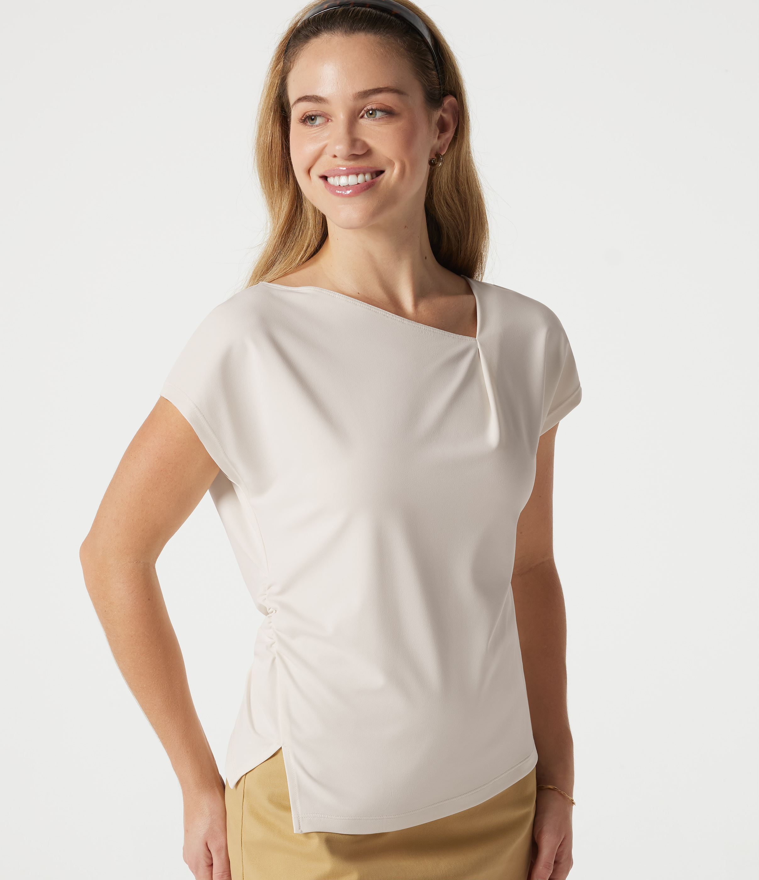 Asymmetric Cowl Neck Short Sleeve Ruched Split Hem Work Blouse