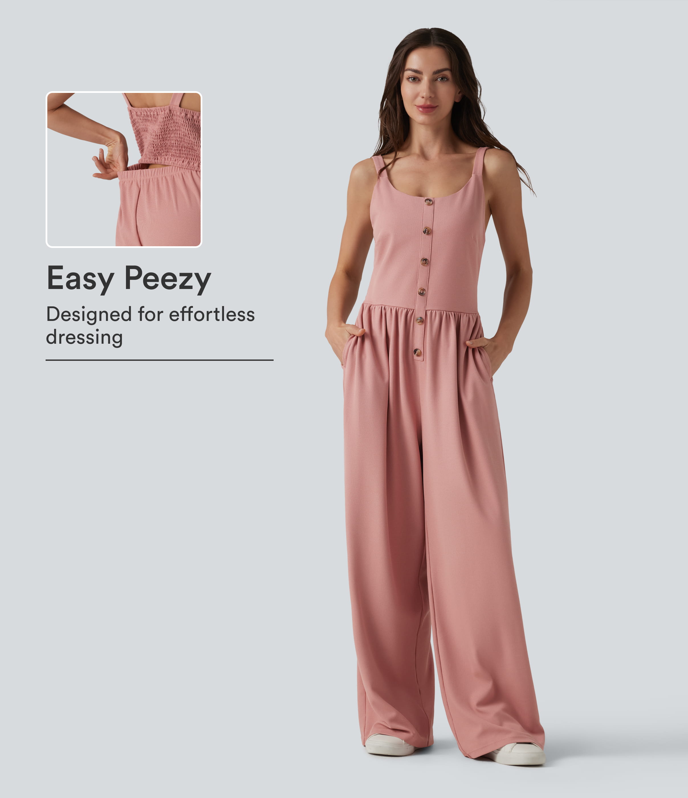 U-Neck Sleeveless Shirred Decorative Buttons Waffle Casual Wide Leg Jumpsuit with Pockets-Easy Peezy