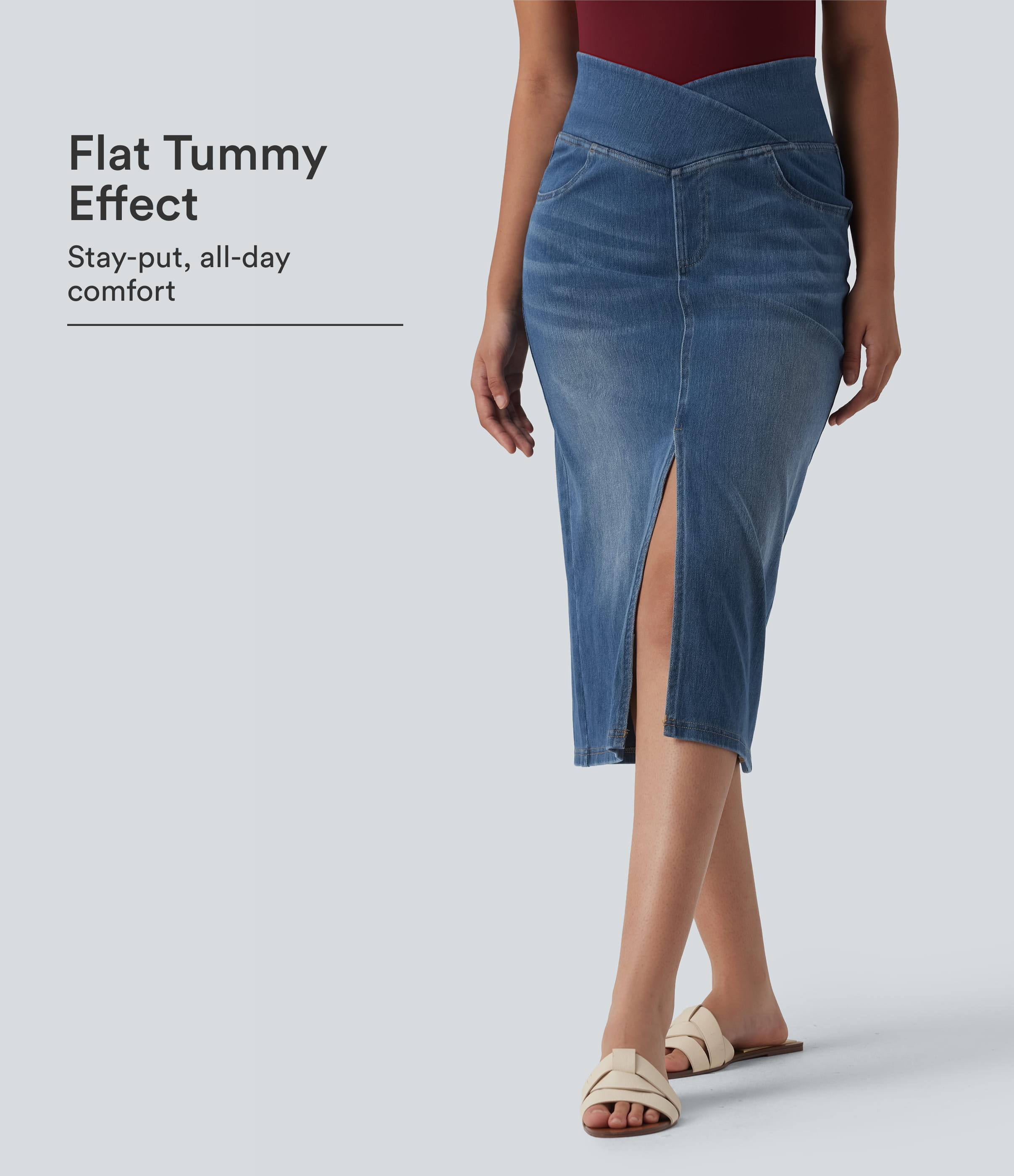 Halara Flex™ asymmetrischer, hoch taillierter, bauchformender Jeansrock mit Schlitz, legerem, geradem Schnitt und Taschen