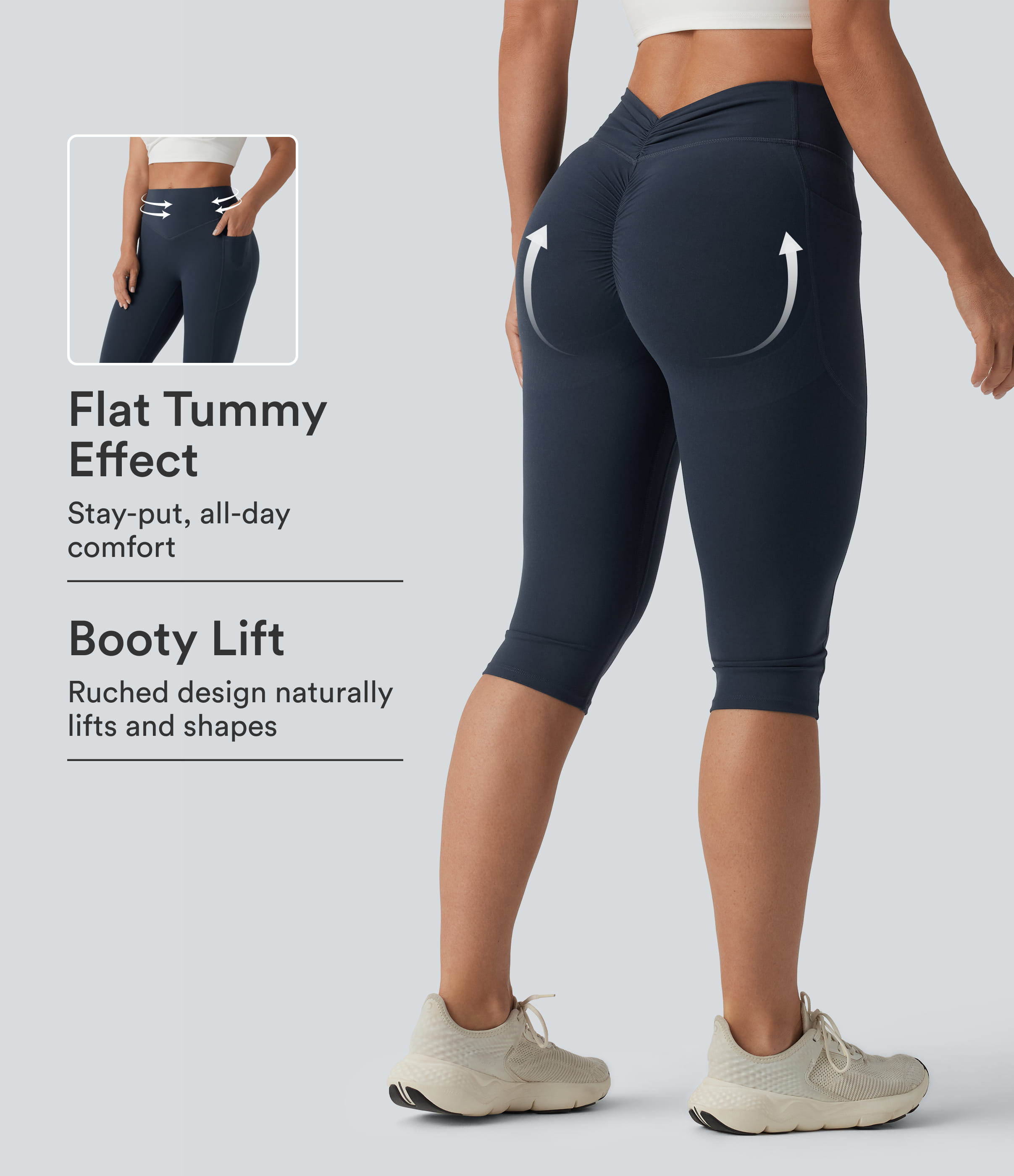 Halara UltraSculpt™ High Waisted Tummy Control Butt Lifting Ruched Pedal Pushers Shaping Yoga Leggings with Pockets