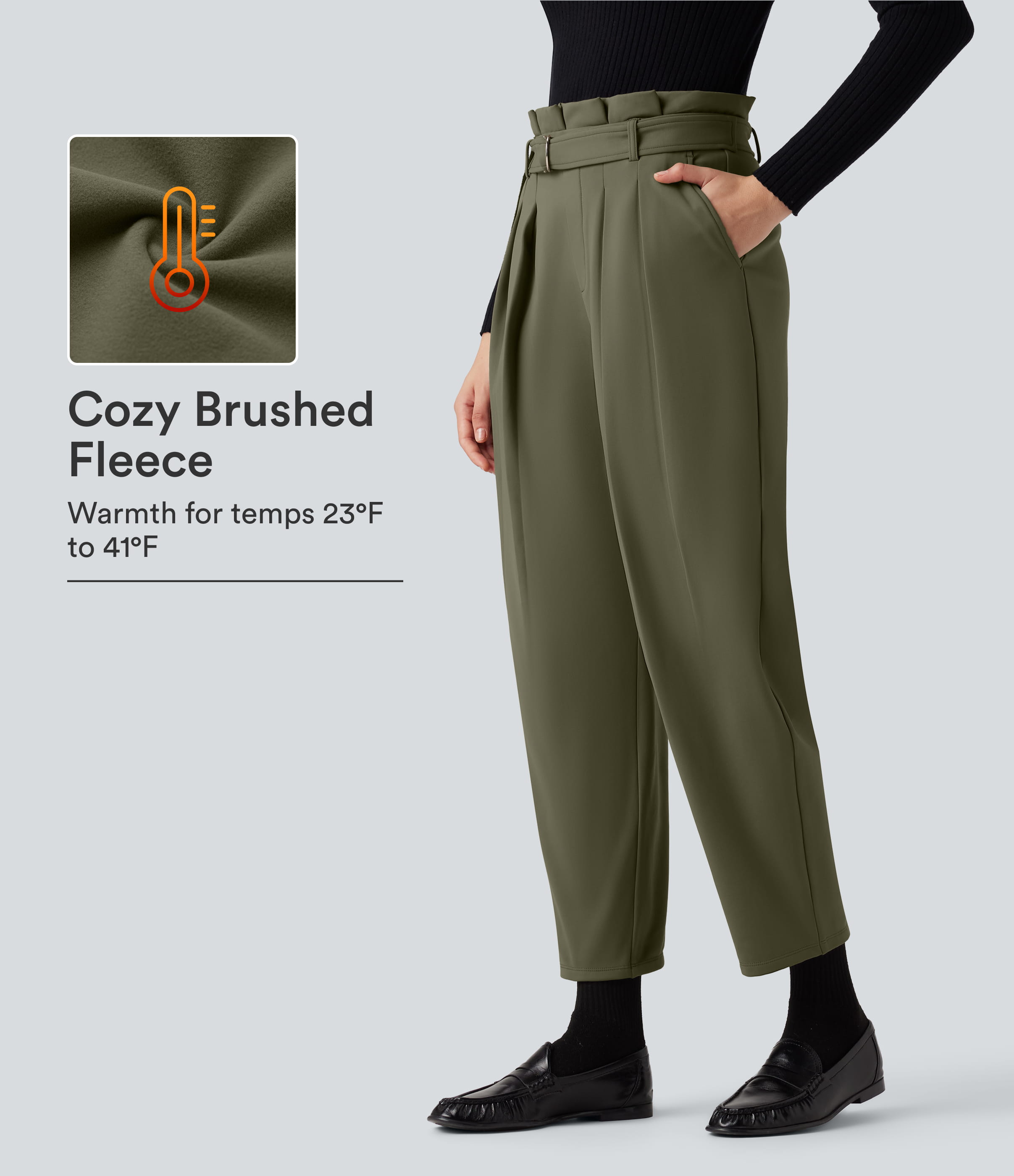 SoftlyZero™ Plush Thermal Super High Waisted Belted Tapered Work Pants with Pockets