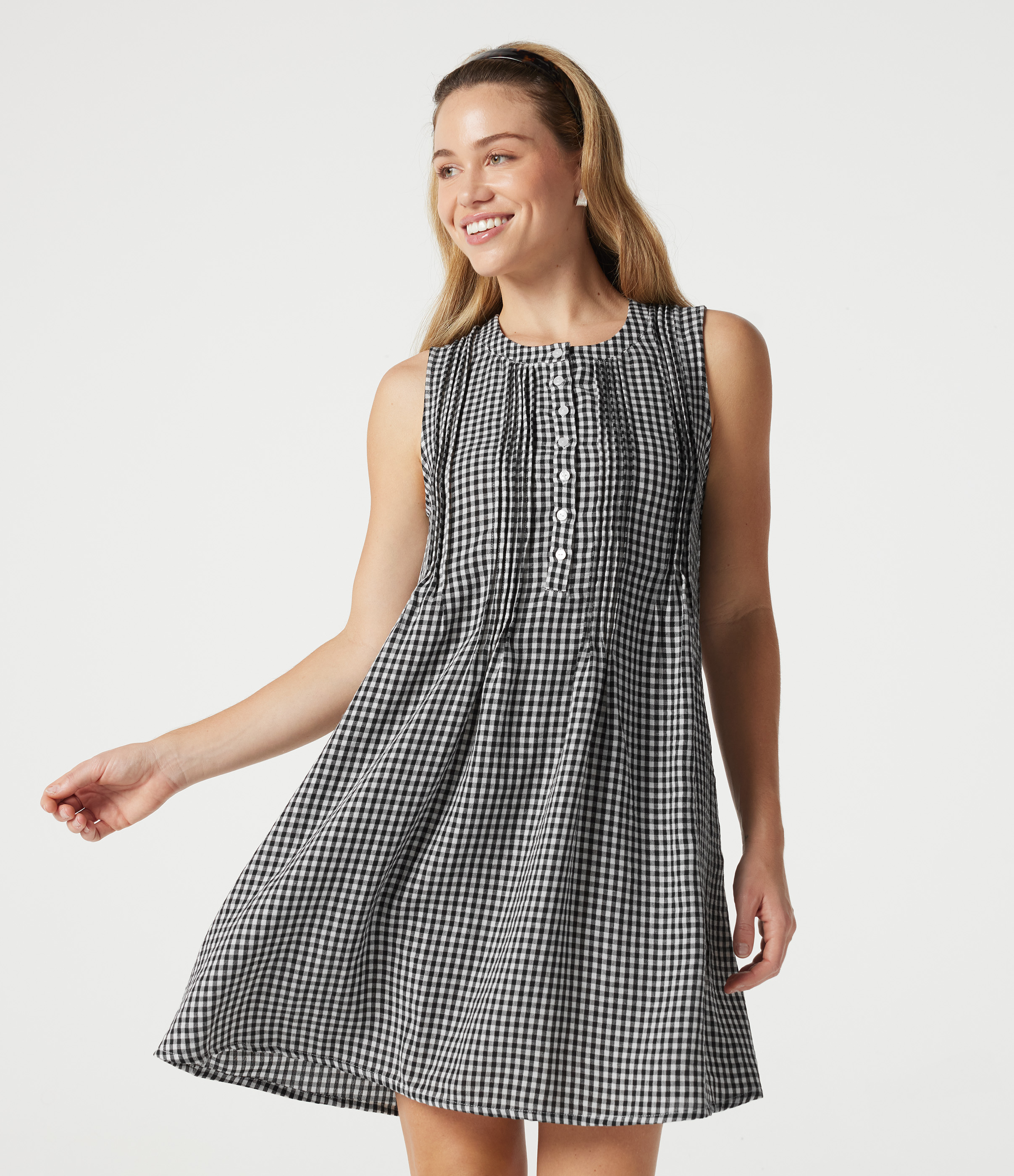 Round Neck Sleeveless Plaid Mini Casual Linen-Feel Dress with Pockets