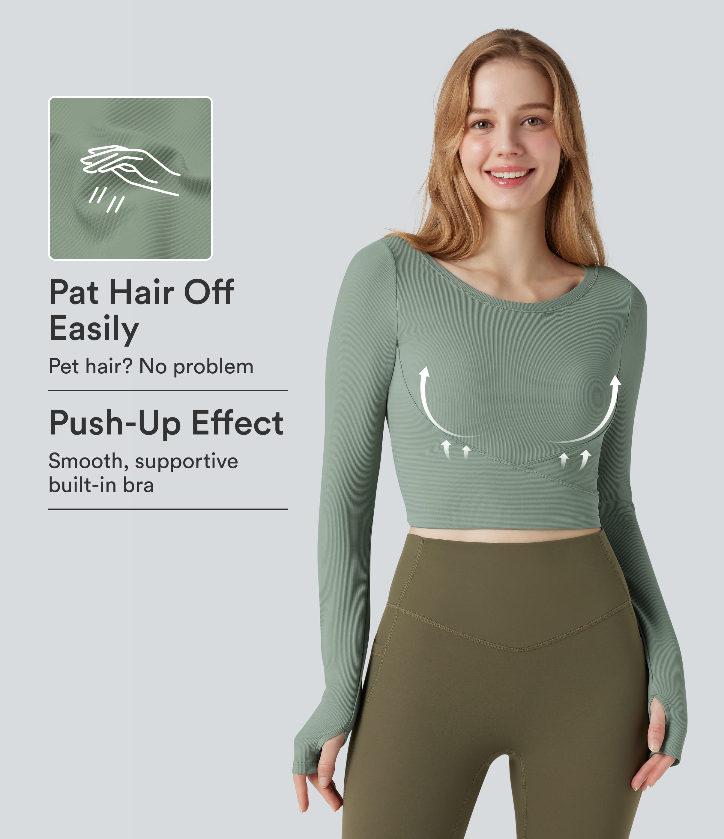 Patitoff™ Flow Pet Hair Resistant Push-Up Long Sleeve Thumb Hole Cropped Yoga Sports Top