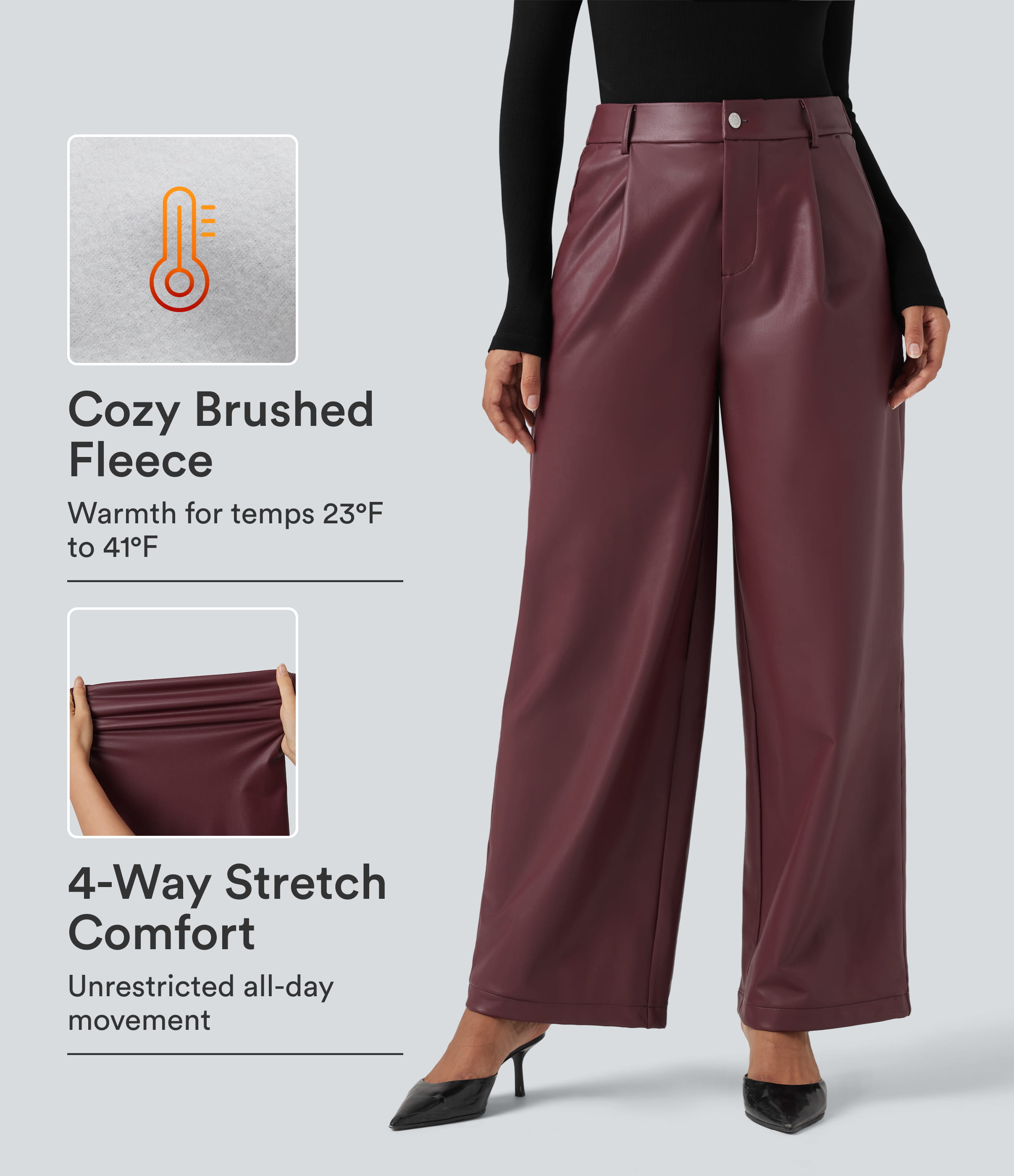 High Waisted Wide Leg Fleece Casual PU Leather Pants with Pockets
