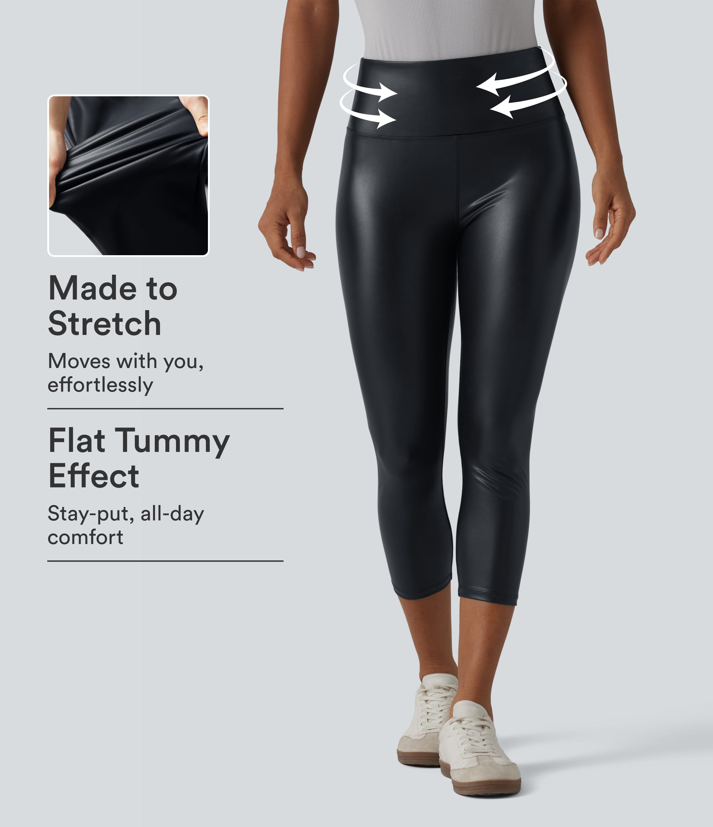 Leggings capri décontractés taille haute, gainants pour le ventre, extensibles en PU, avec poches