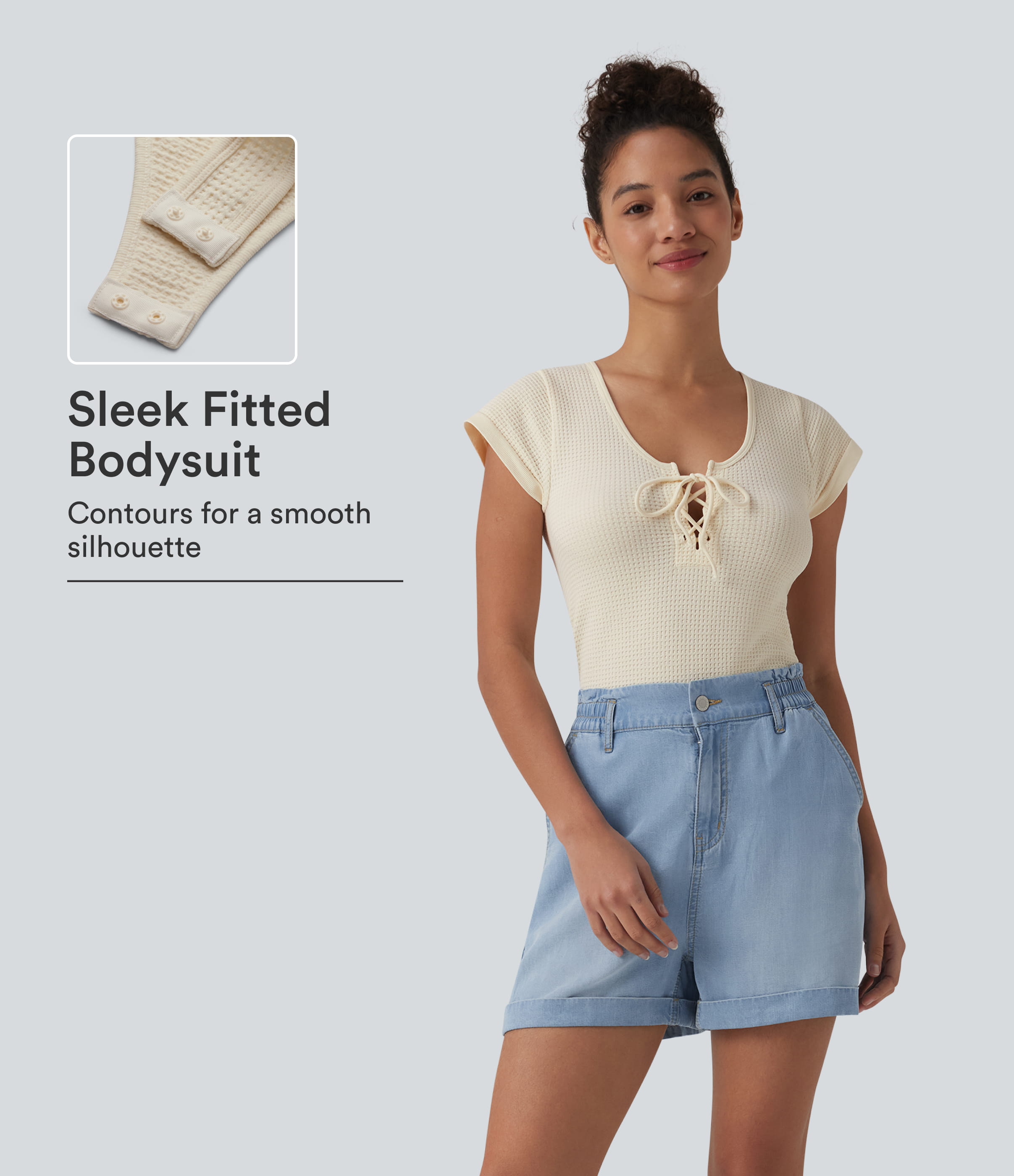 Round Neck Lace Up Short Sleeve Snap Button Casual Waffle Bodysuit