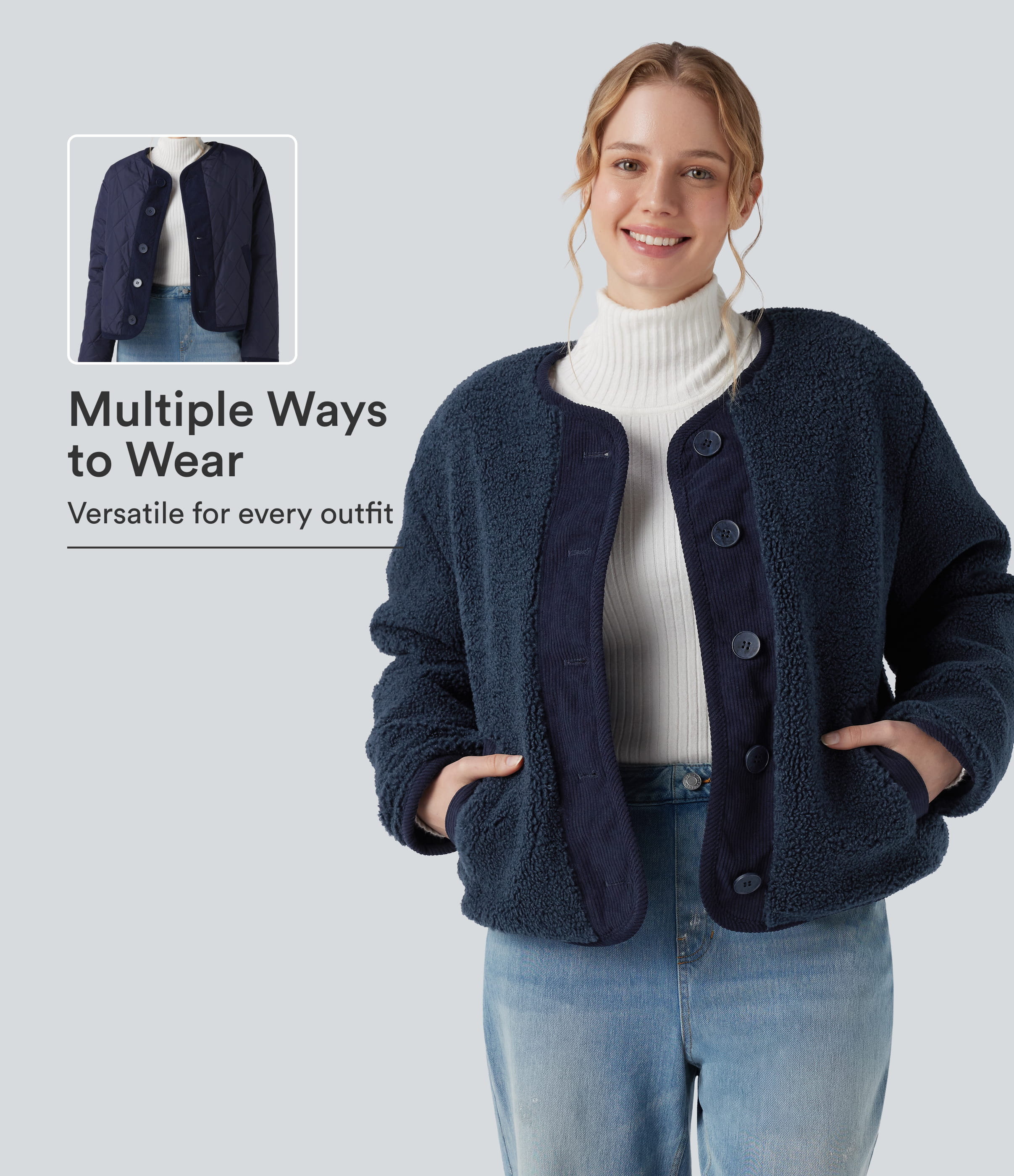 Reversible Long Sleeve Casual Sherpa Jacket with Pockets (Two Looks in One)