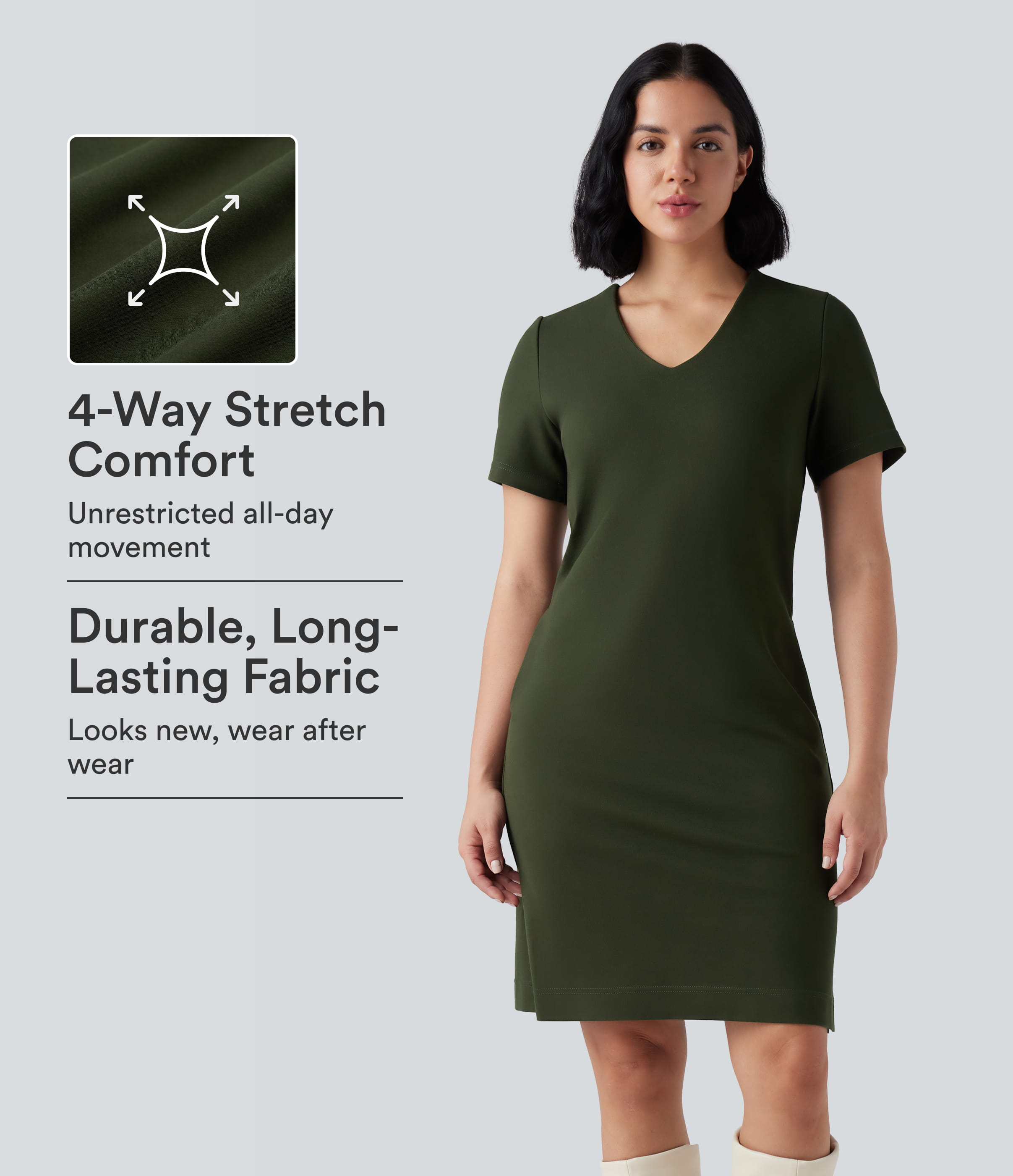 Wear-Resistant V-neck Zipper Short Sleeve Split Hem Ponte Roma Work Dress with Pockets
