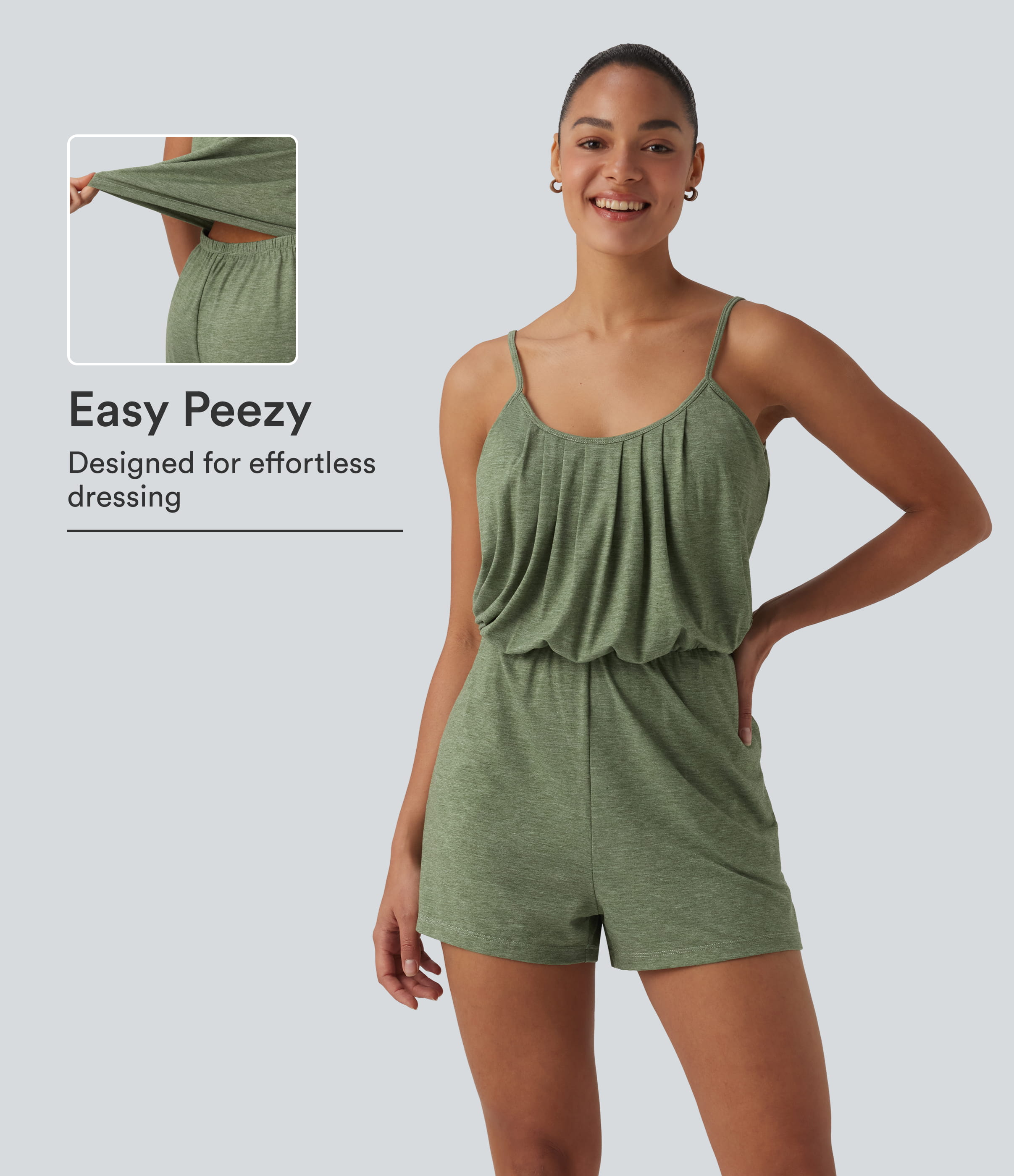 U-Neck Adjustable Straps Pleated Built-in Bra Casual Romper with Pockets-Easy Peezy