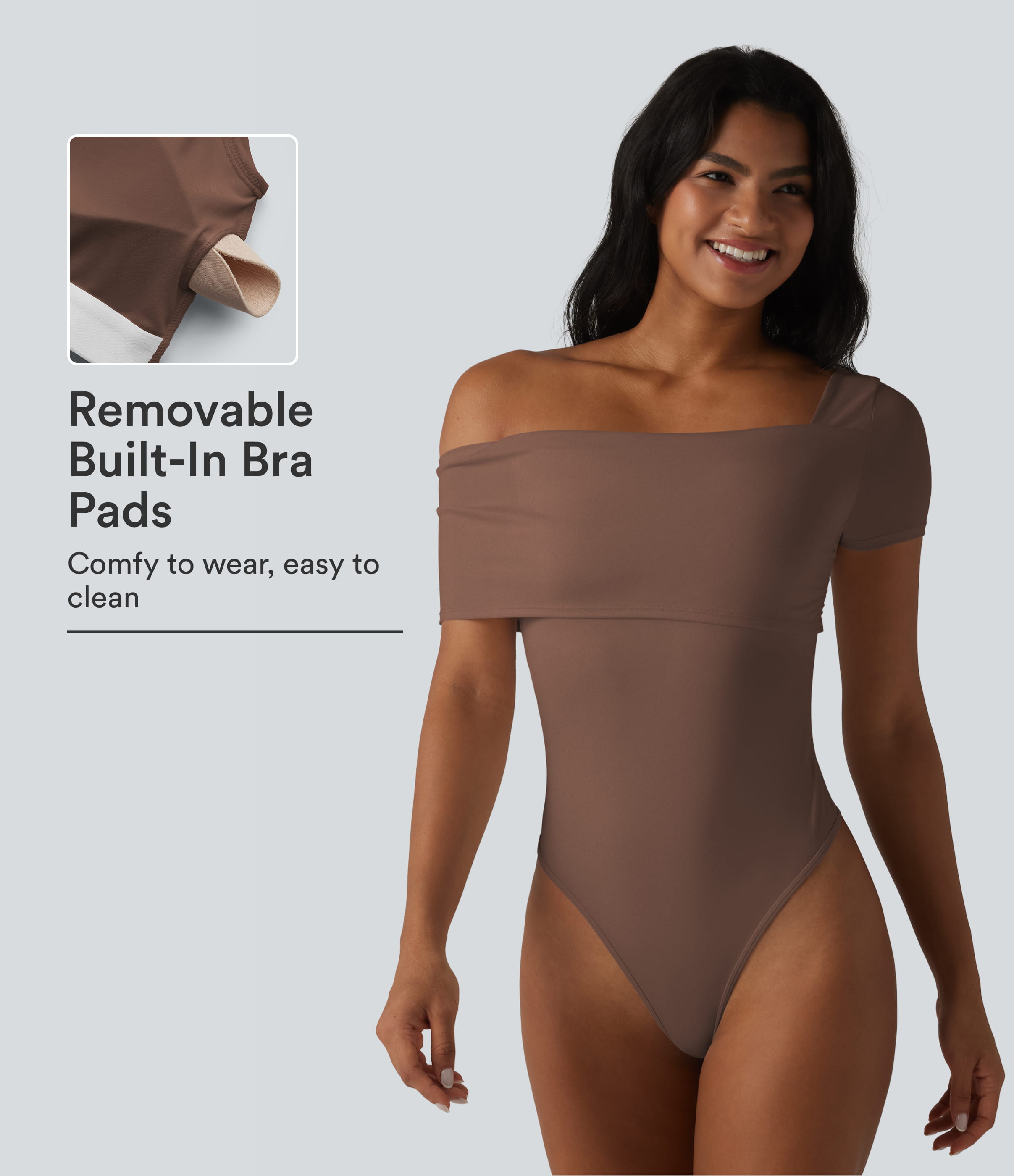 Asymmetrical Neck Short Sleeve Built-in Bra Casual Bodysuit