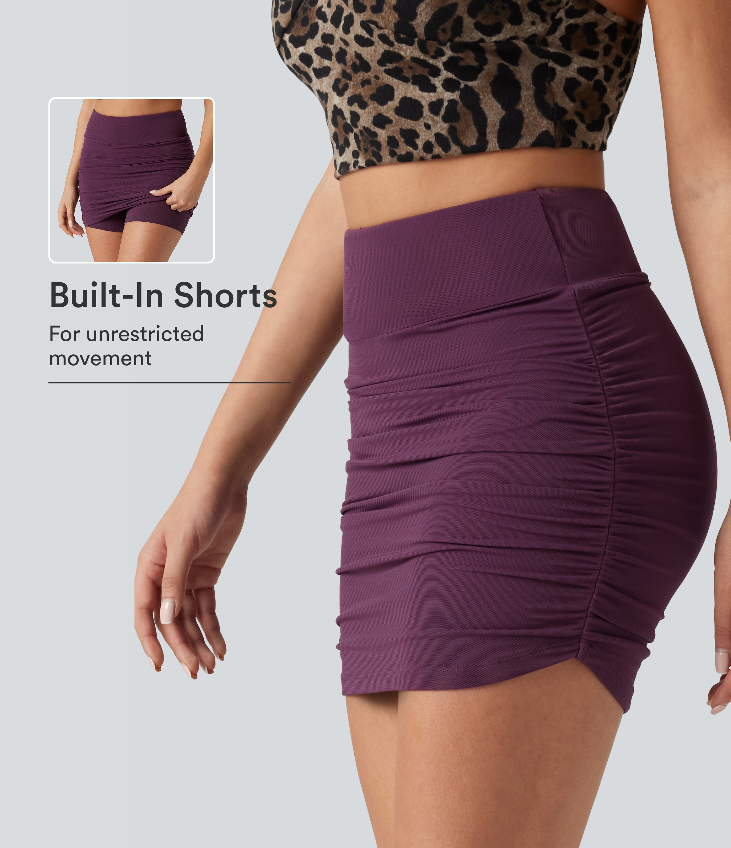 High Waisted Mesh Overlay Ruched Curved Hem 2-in-1 Mini Bodycon Party Skirt