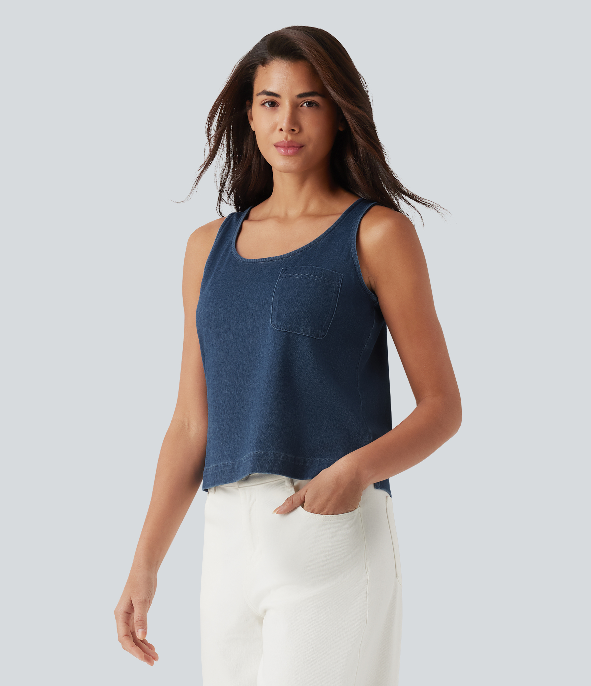 Halara Flex™ U Neck Denim Casual Tank Top with Pocket