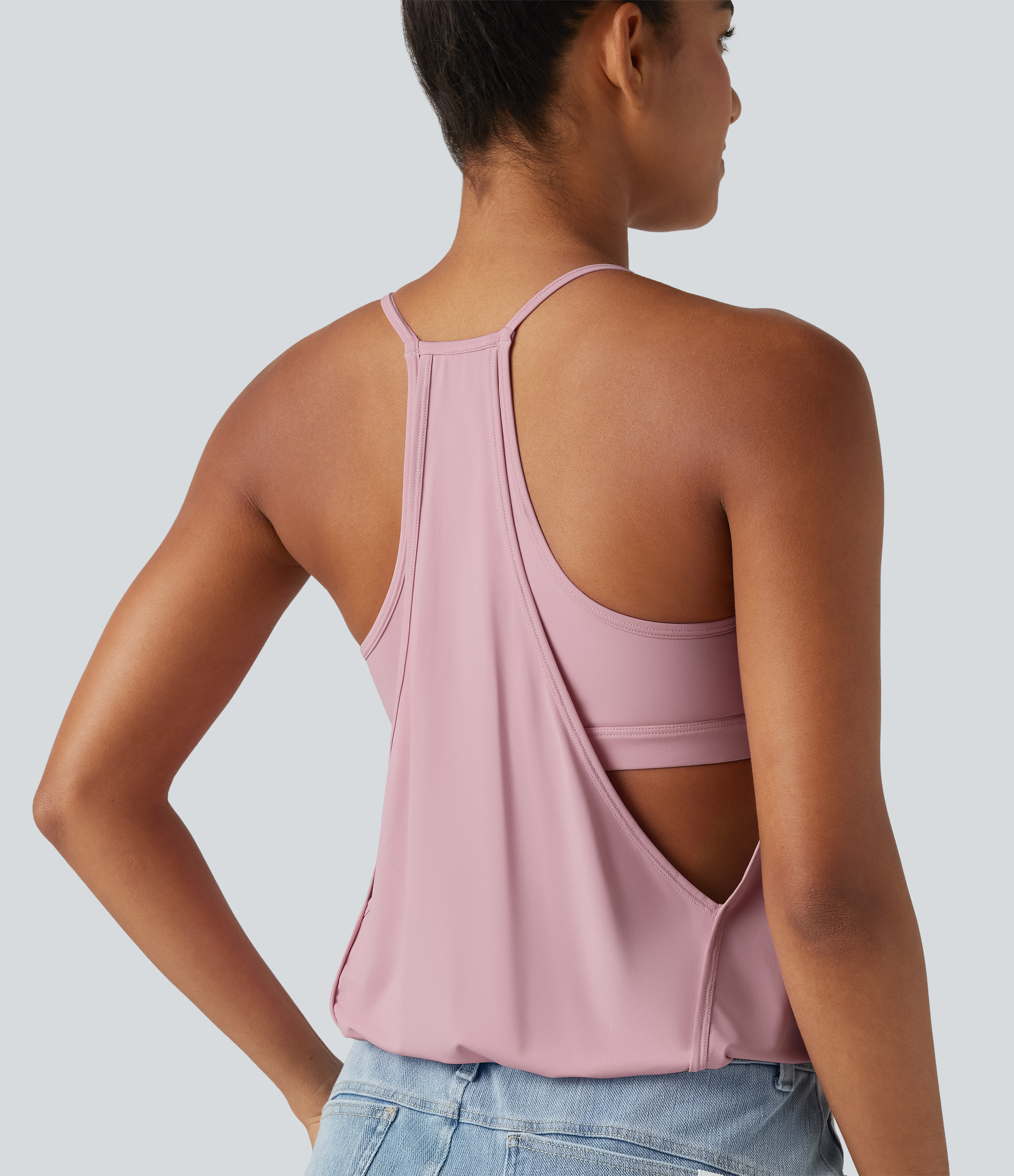 U-Neck Ruched 2-in-1 Built-in Bra Cool Touch Quick Dry Casual Tank Top-UPF50+