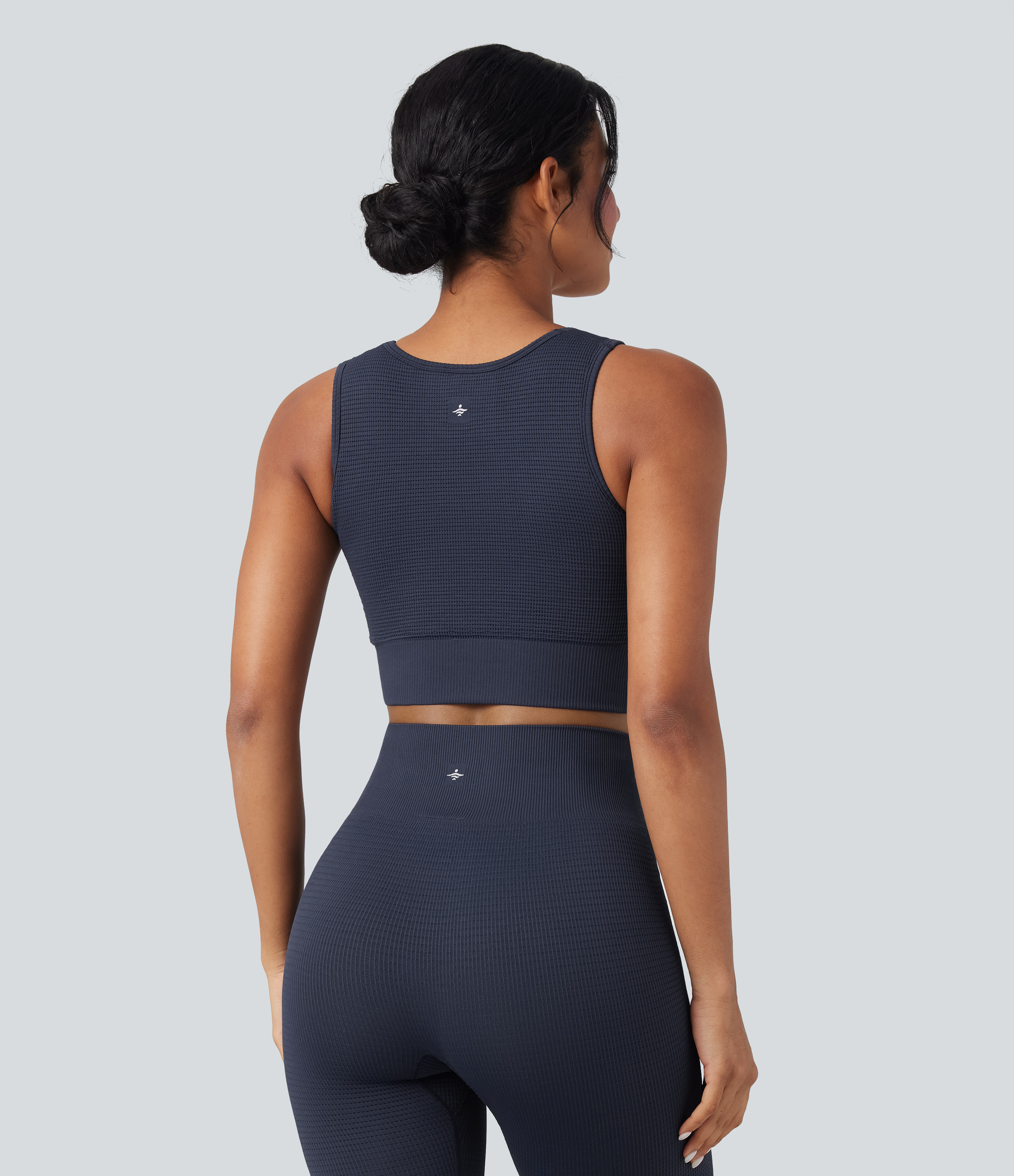 Mountain Blue OneForm Seamless Flow Low Support U Neck Cropped Waffle Yoga Sports Bra / 2