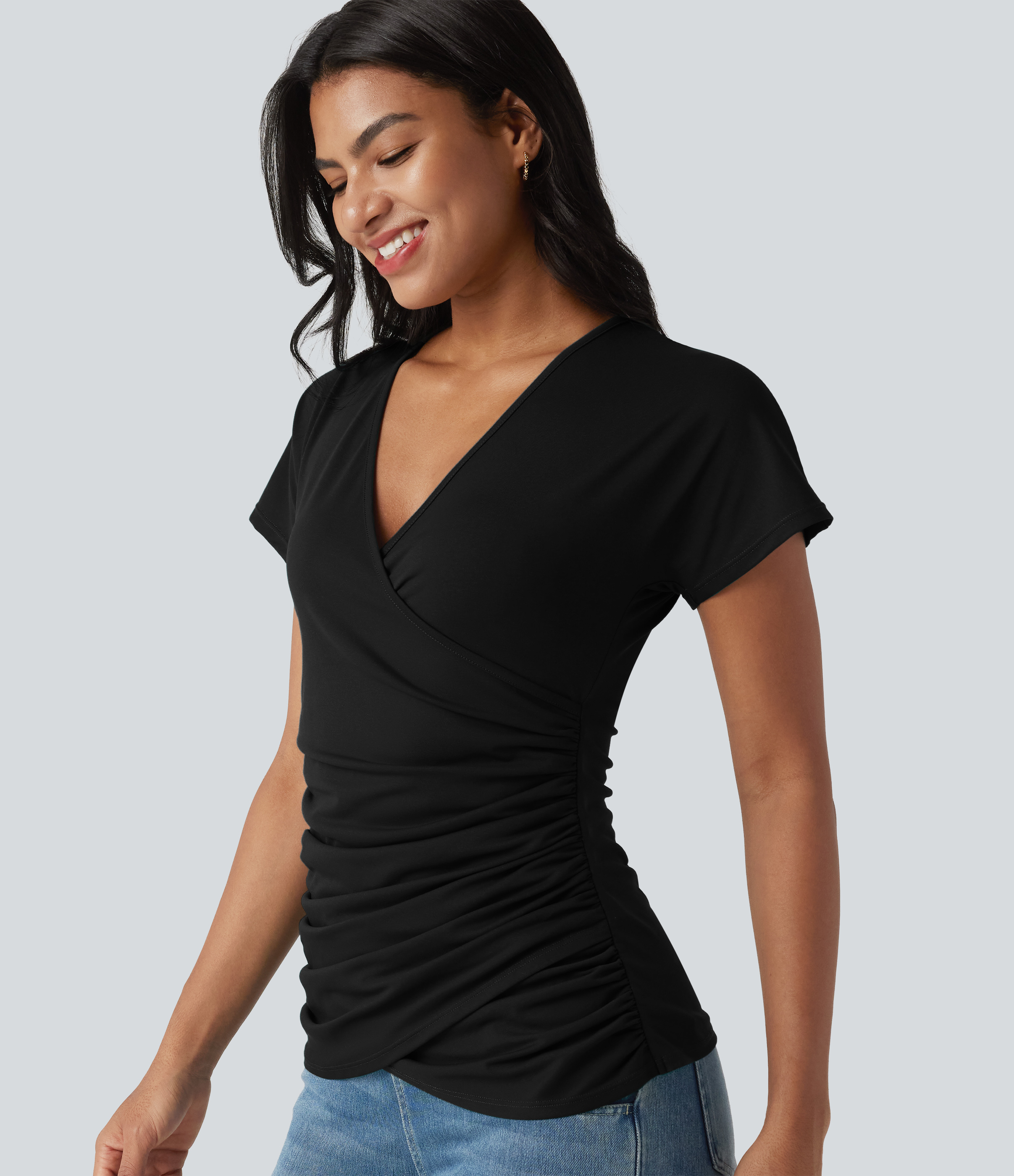 V Neck Short Sleeve Ruched Casual Top